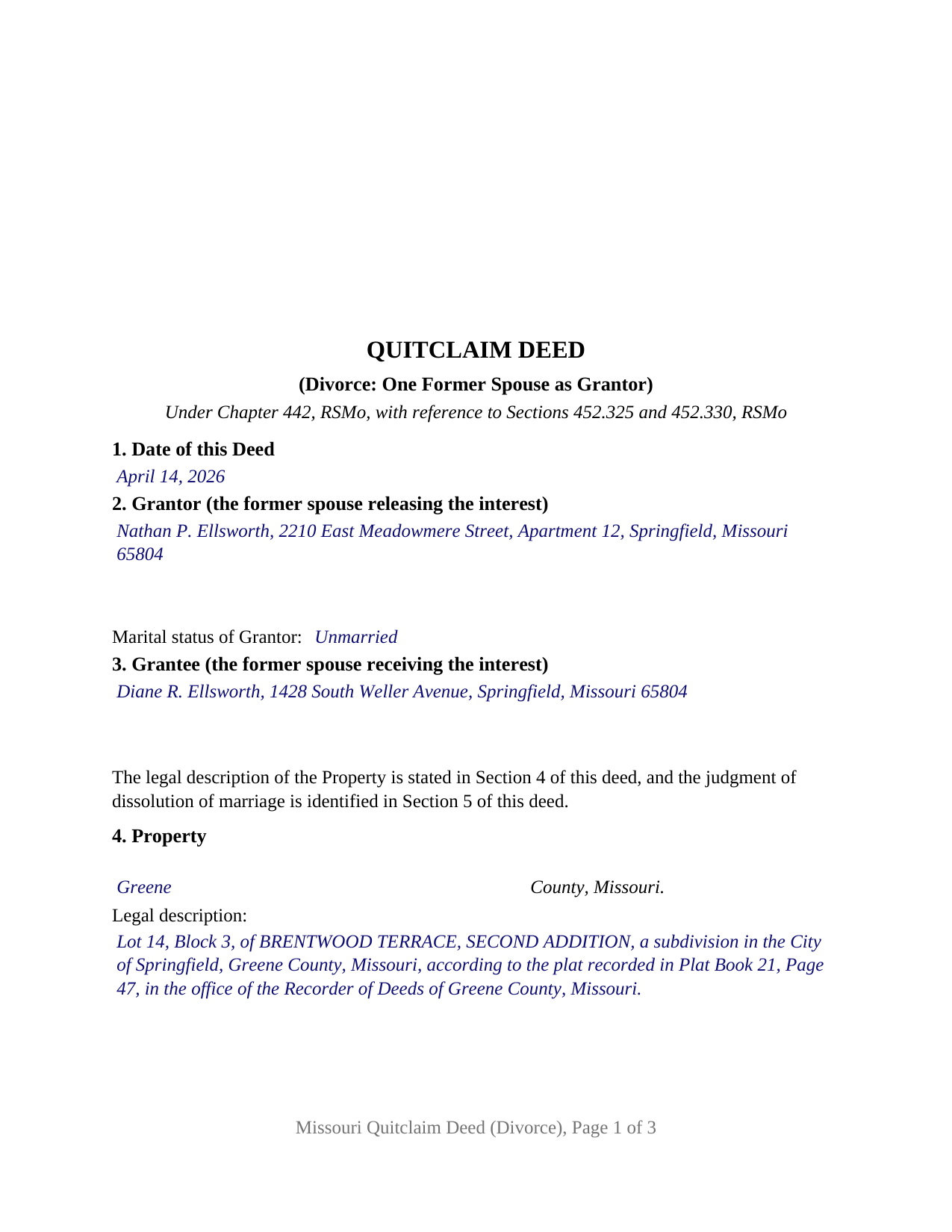 New Madrid County Completed Example of the Quitclaim Deed (Divorce) Document