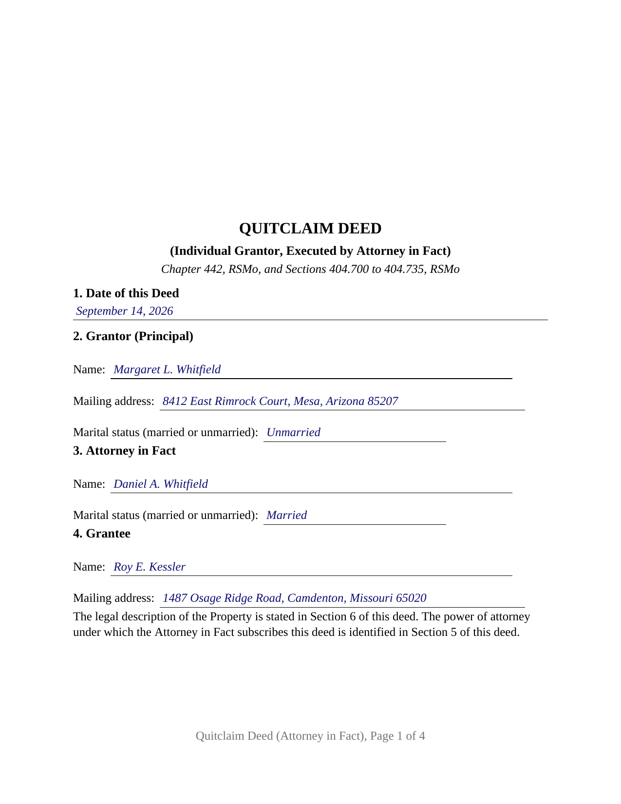 Sullivan County Completed Example of the Quitclaim Deed (Individual Grantor by Attorney-in-Fact) Document