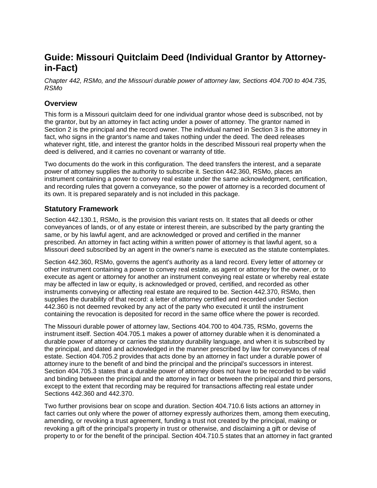 Sullivan County Quitclaim Deed (Individual Grantor by Attorney-in-Fact) Guide