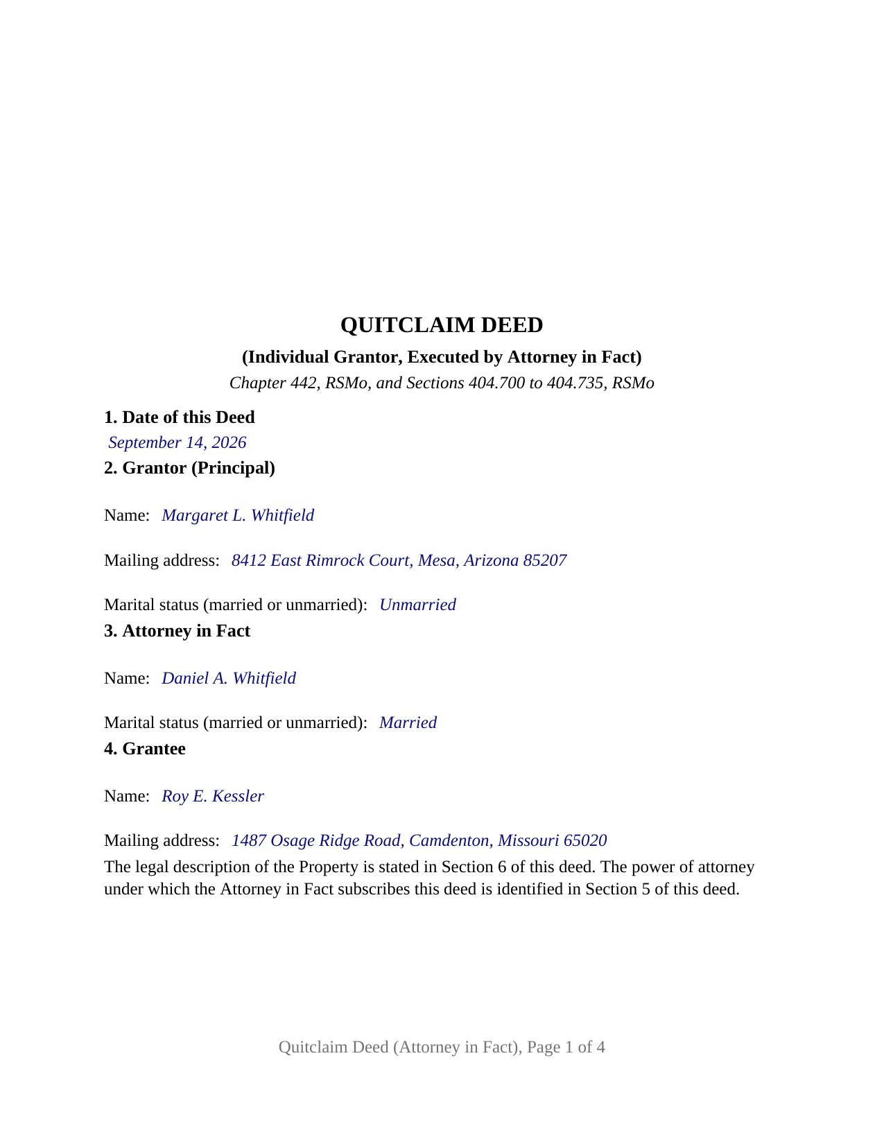 Lafayette County Completed Example of the Quitclaim Deed (Individual Grantor by Attorney-in-Fact) Document