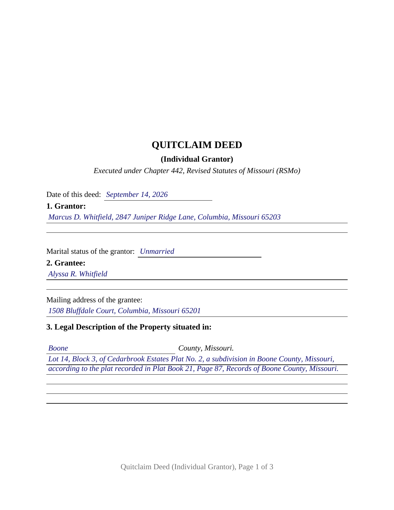 Howell County Completed Example of the Quitclaim Deed (Individual Grantor) Document