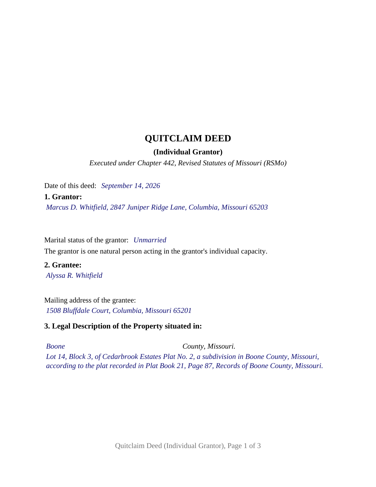 Benton County Completed Example of the Quitclaim Deed (Individual Grantor) Document