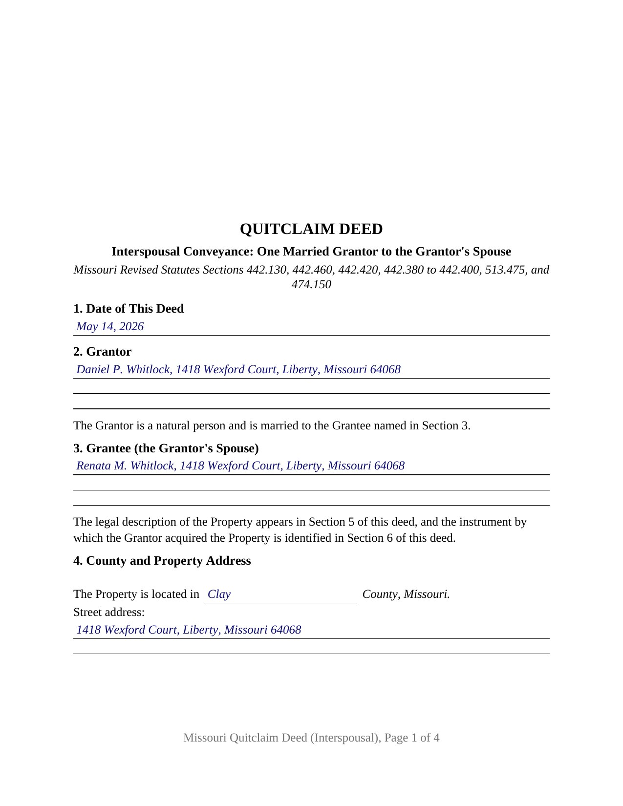 Reynolds County Completed Example of the Quitclaim Deed (Interspousal) Document