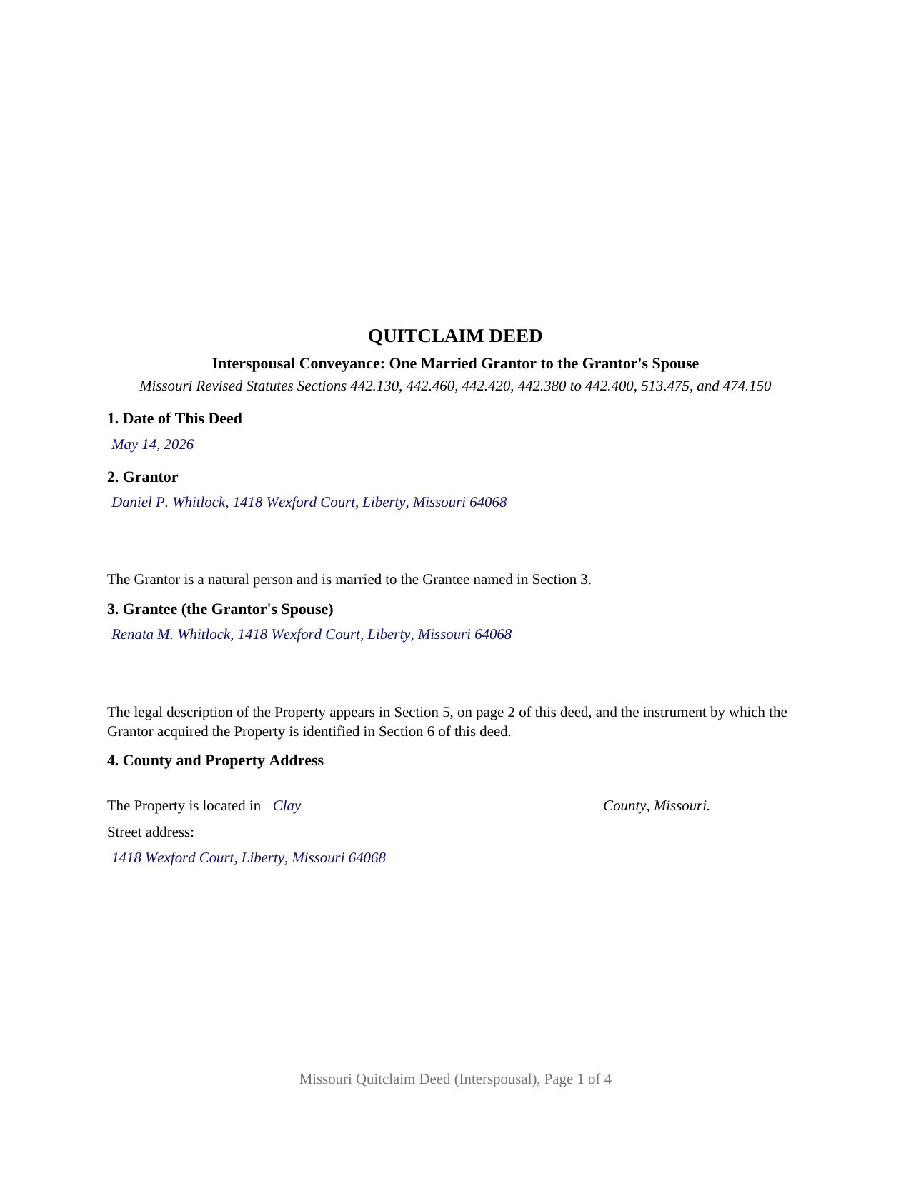 Dekalb County Completed Example of the Quitclaim Deed (Interspousal) Document