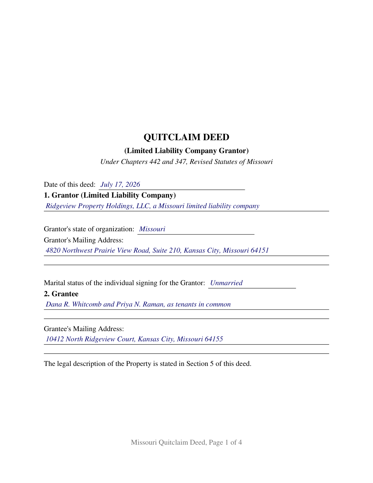 Oregon County Completed Example of the Quitclaim Deed (LLC Grantor) Document