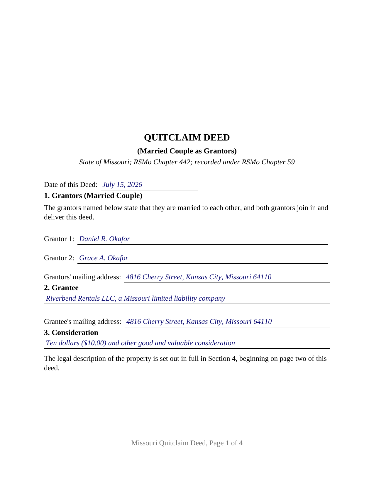 Shelby County Completed Example of the Quitclaim Deed (Married Couple as Grantors) Document