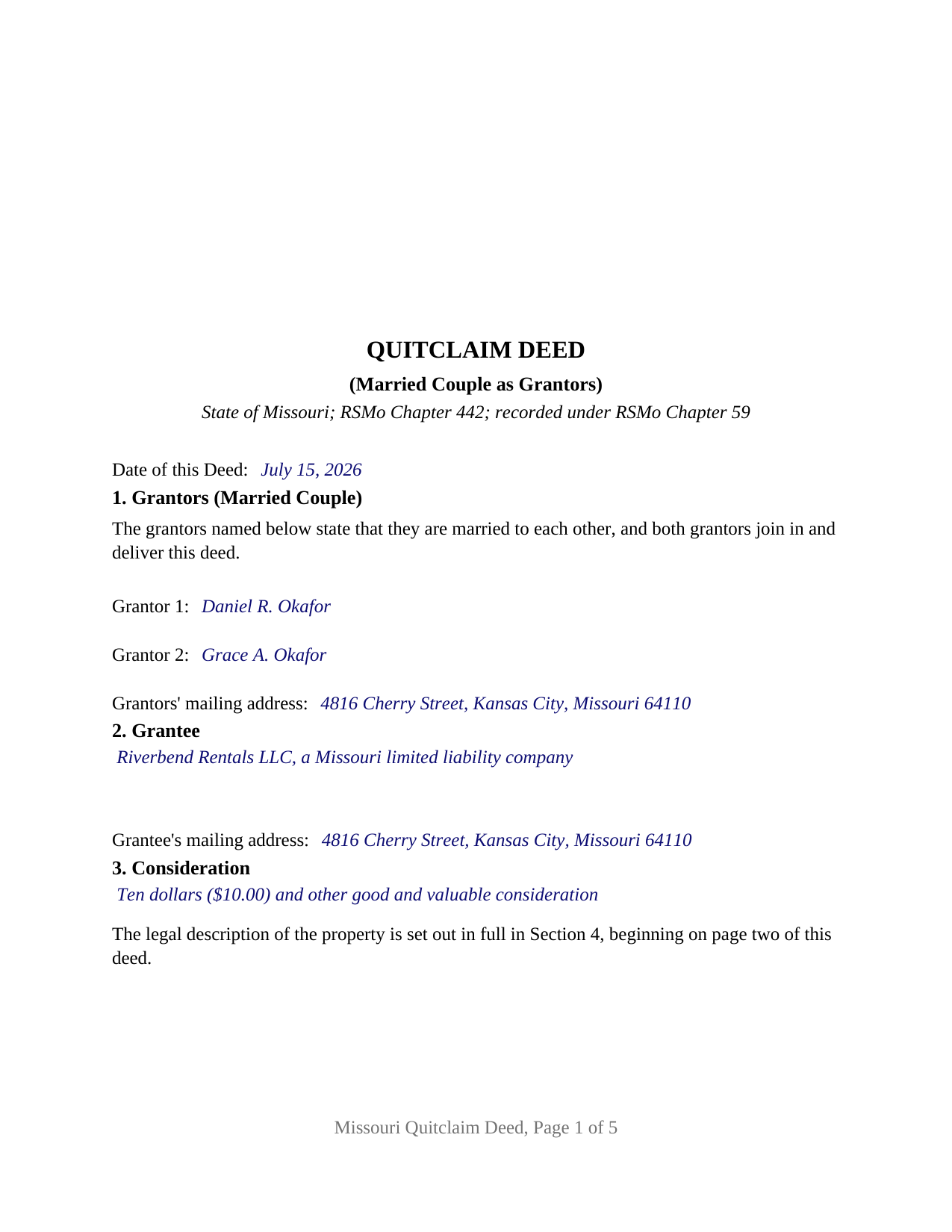 Cedar County Completed Example of the Quitclaim Deed (Married Couple as Grantors) Document