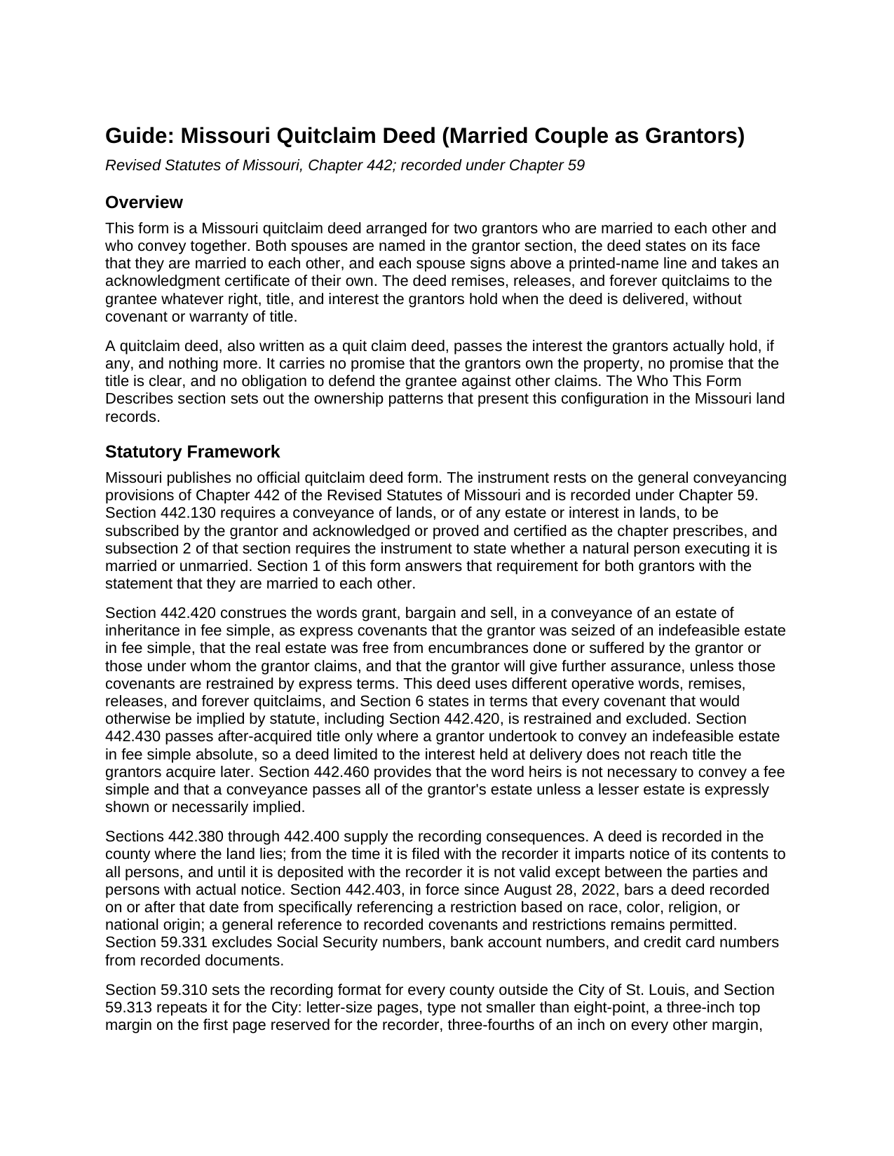 Cedar County Quitclaim Deed (Married Couple as Grantors) Guide