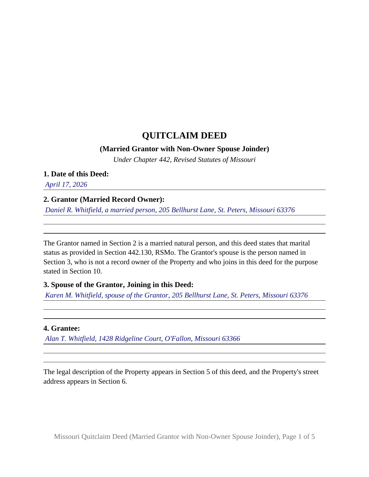 Clark County Completed Example of the Quitclaim Deed (Married Grantor with Non-Owner Spouse Joinder) Document