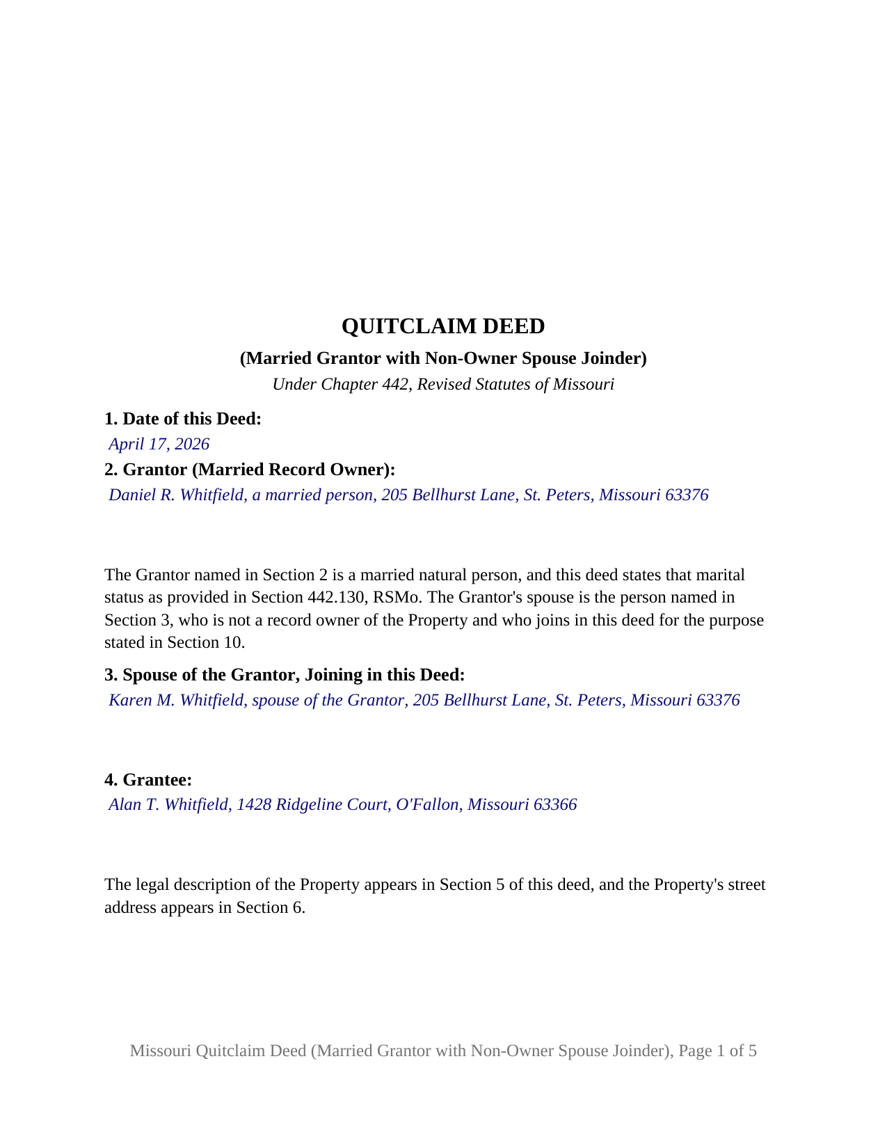 Boone County Completed Example of the Quitclaim Deed (Married Grantor with Non-Owner Spouse Joinder) Document