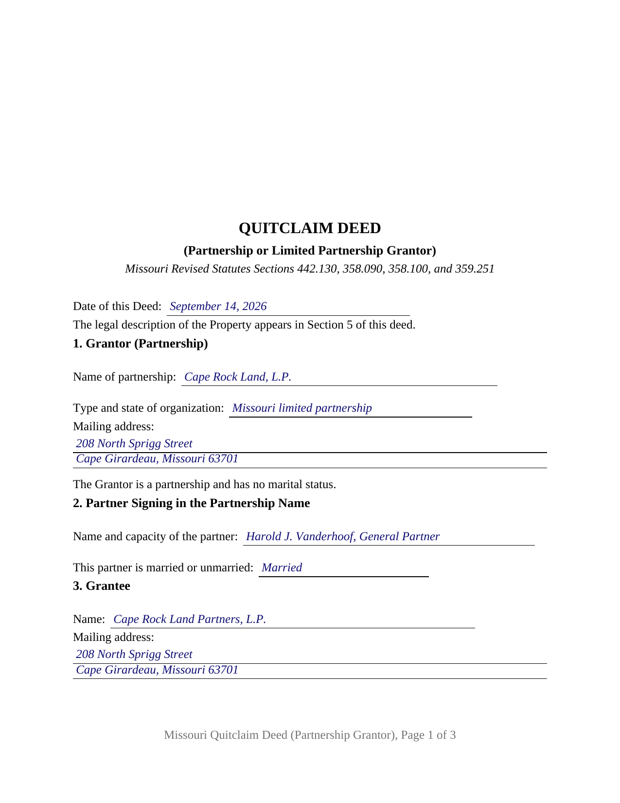 Bates County Completed Example of the Quitclaim Deed (Partnership or Limited Partnership Grantor) Document