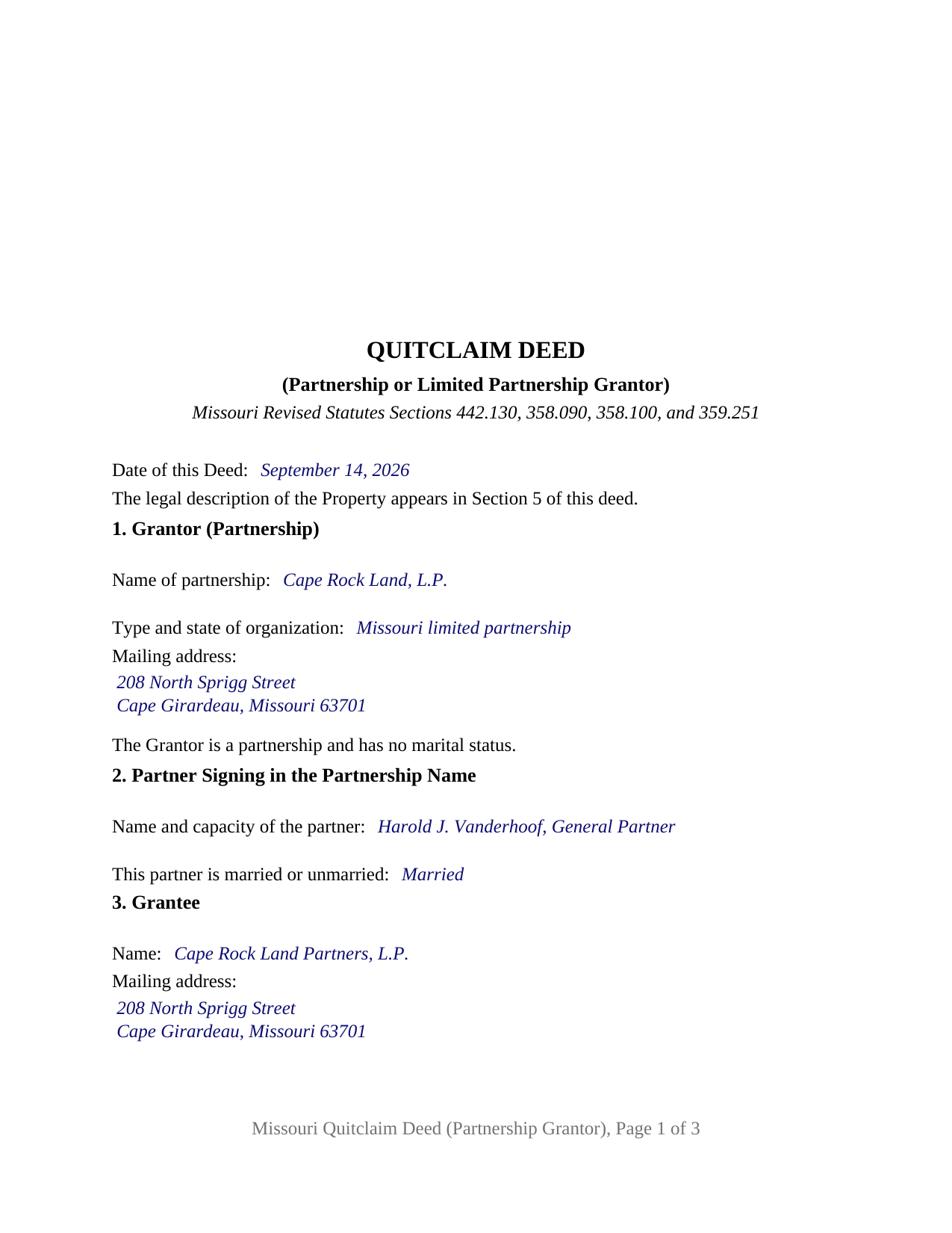 Atchison County Completed Example of the Quitclaim Deed (Partnership or Limited Partnership Grantor) Document
