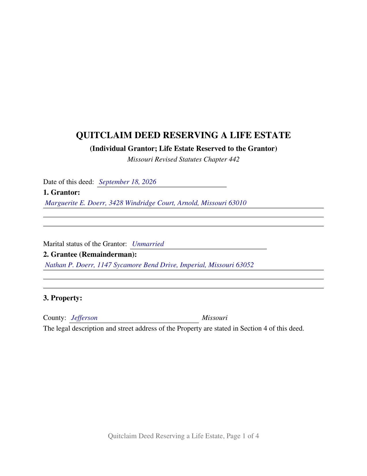 Benton County Completed Example of the Quitclaim Deed (Reserving Life Estate) Document