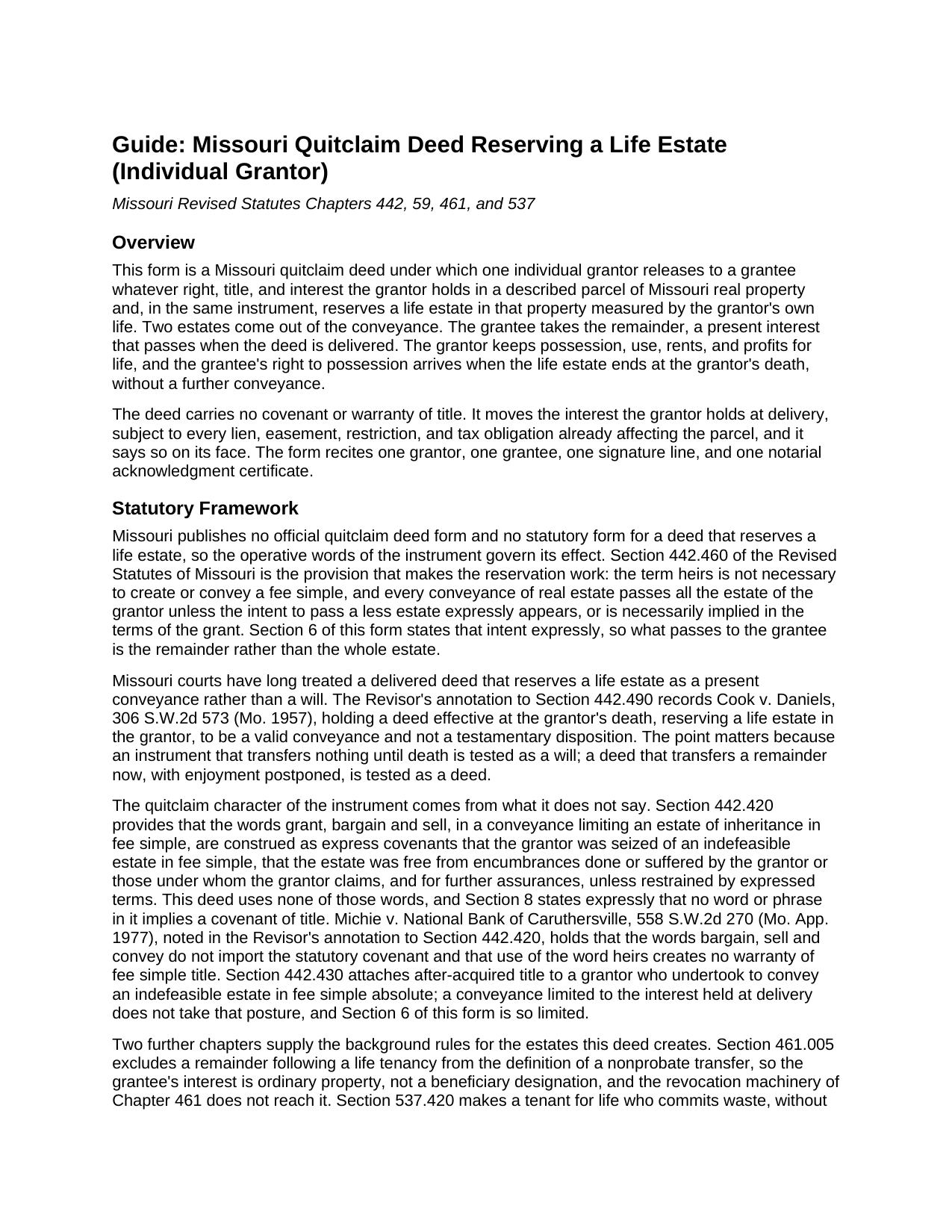 Benton County Quitclaim Deed (Reserving Life Estate) Guide