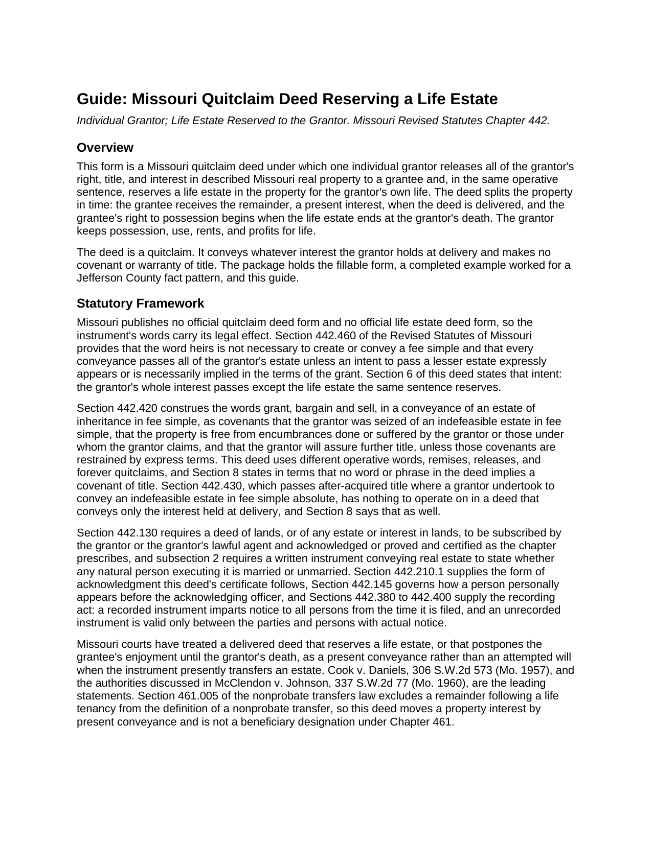 Cape Girardeau County Quitclaim Deed (Reserving Life Estate) Guide