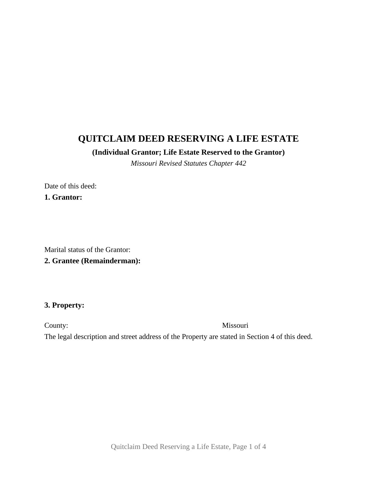 Cape Girardeau County Quitclaim Deed (Reserving Life Estate) Form