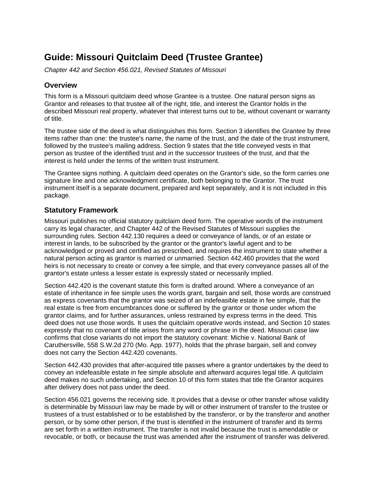 Howell County Quitclaim Deed (Trustee Grantee) Guide