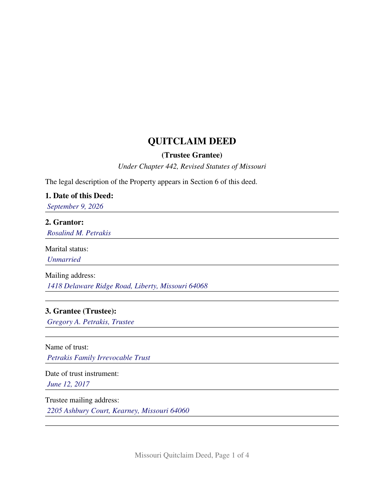 Howell County Completed Example of the Quitclaim Deed (Trustee Grantee) Document