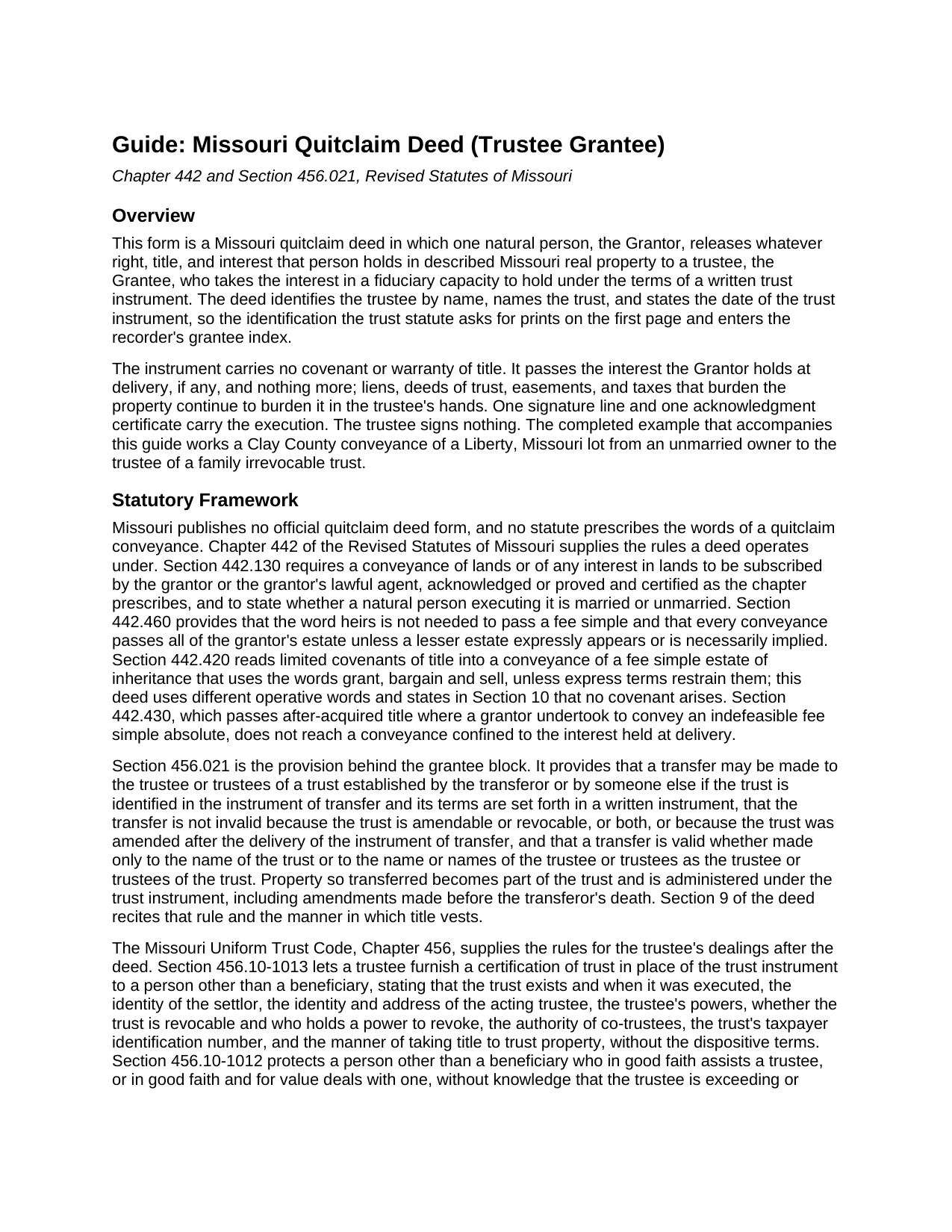 Chariton County Quitclaim Deed (Trustee Grantee) Guide