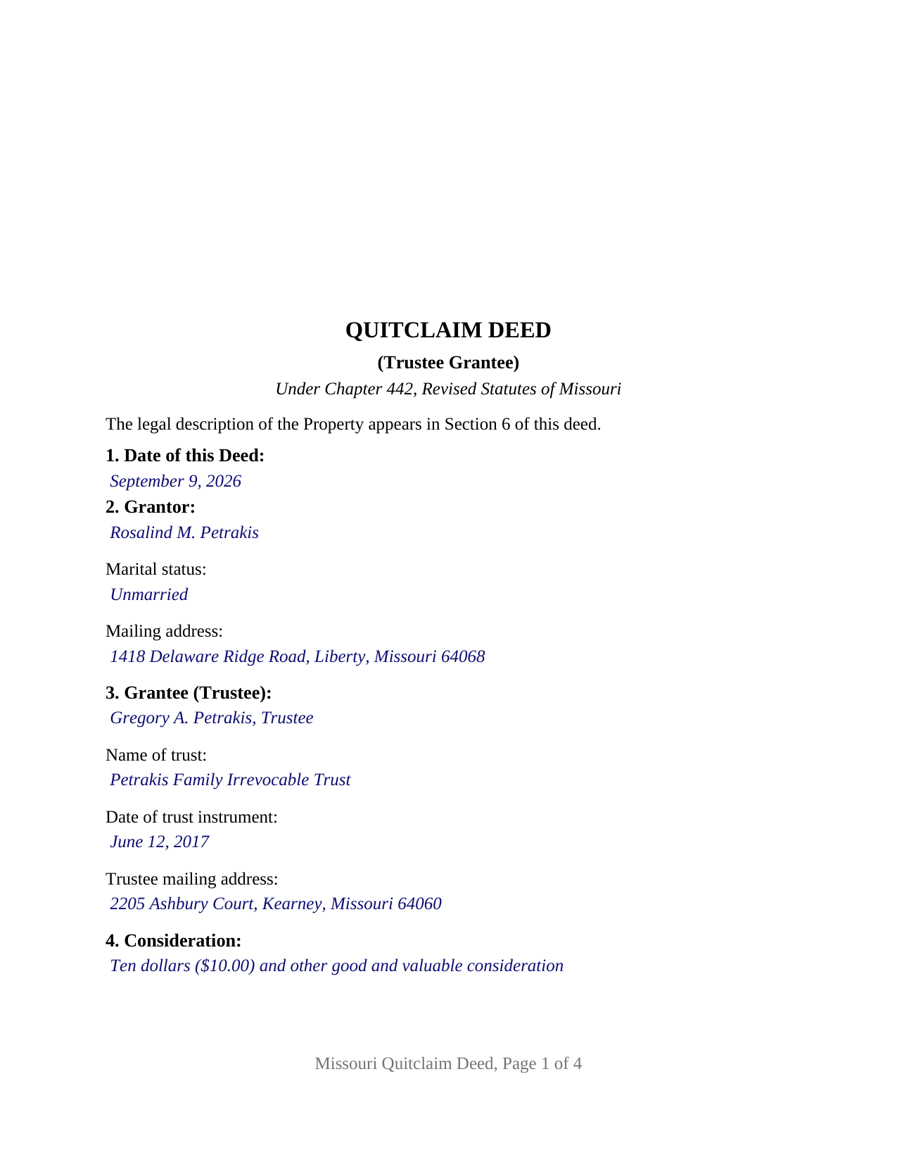 Chariton County Completed Example of the Quitclaim Deed (Trustee Grantee) Document