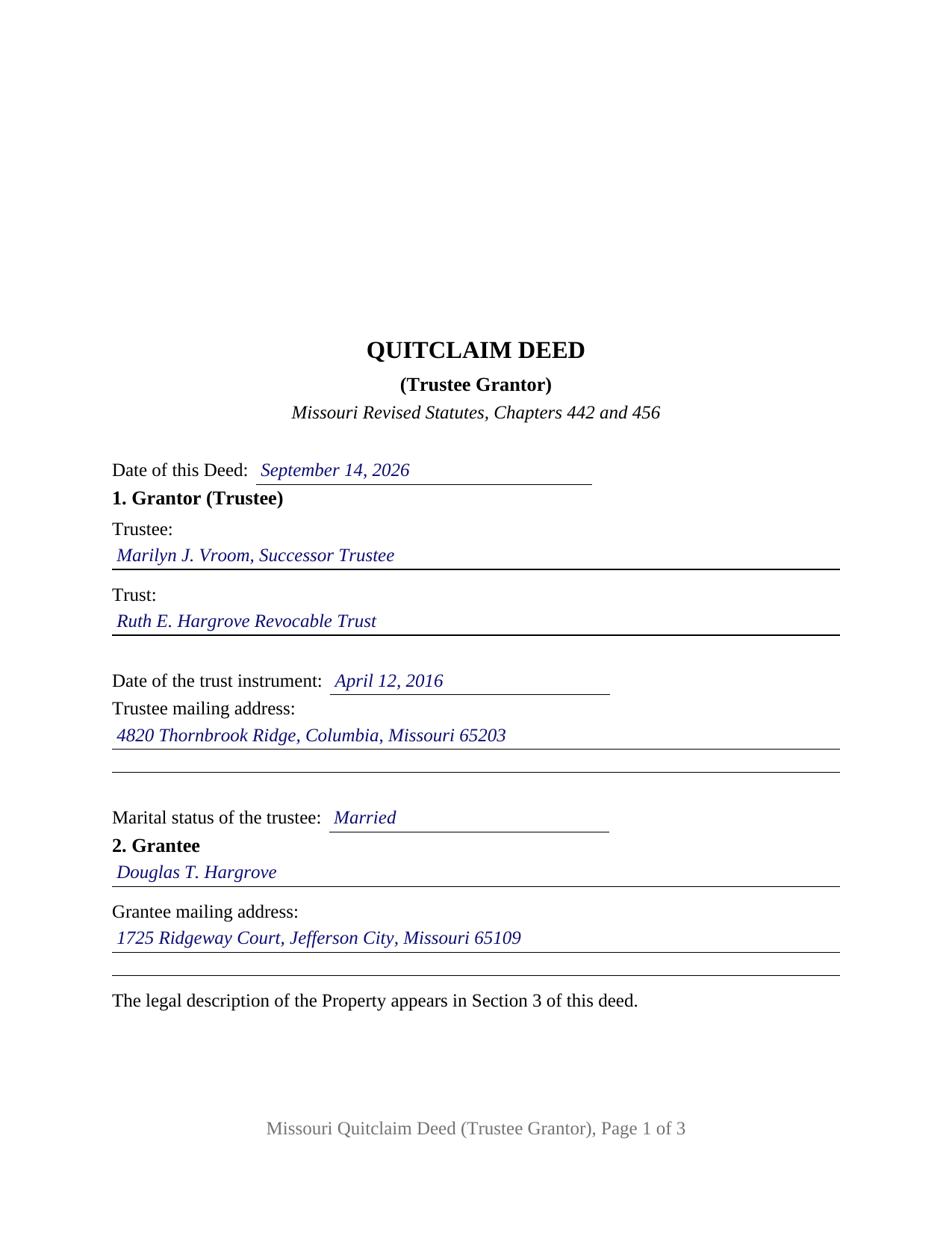 Audrain County Completed Example of the Quitclaim Deed (Trustee Grantor) Document
