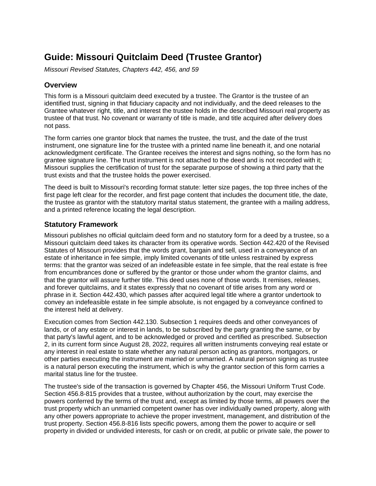 Audrain County Quitclaim Deed (Trustee Grantor) Guide