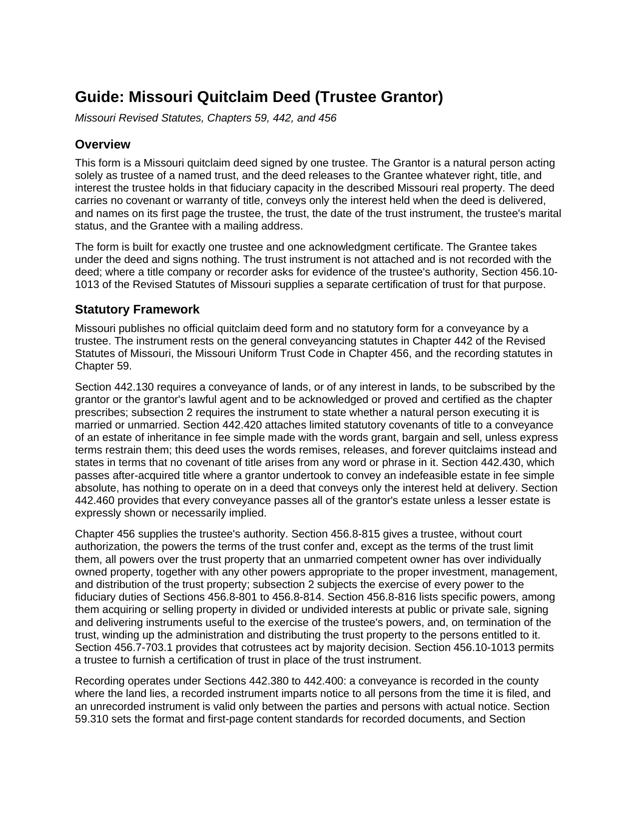 Moniteau County Quitclaim Deed (Trustee Grantor) Guide