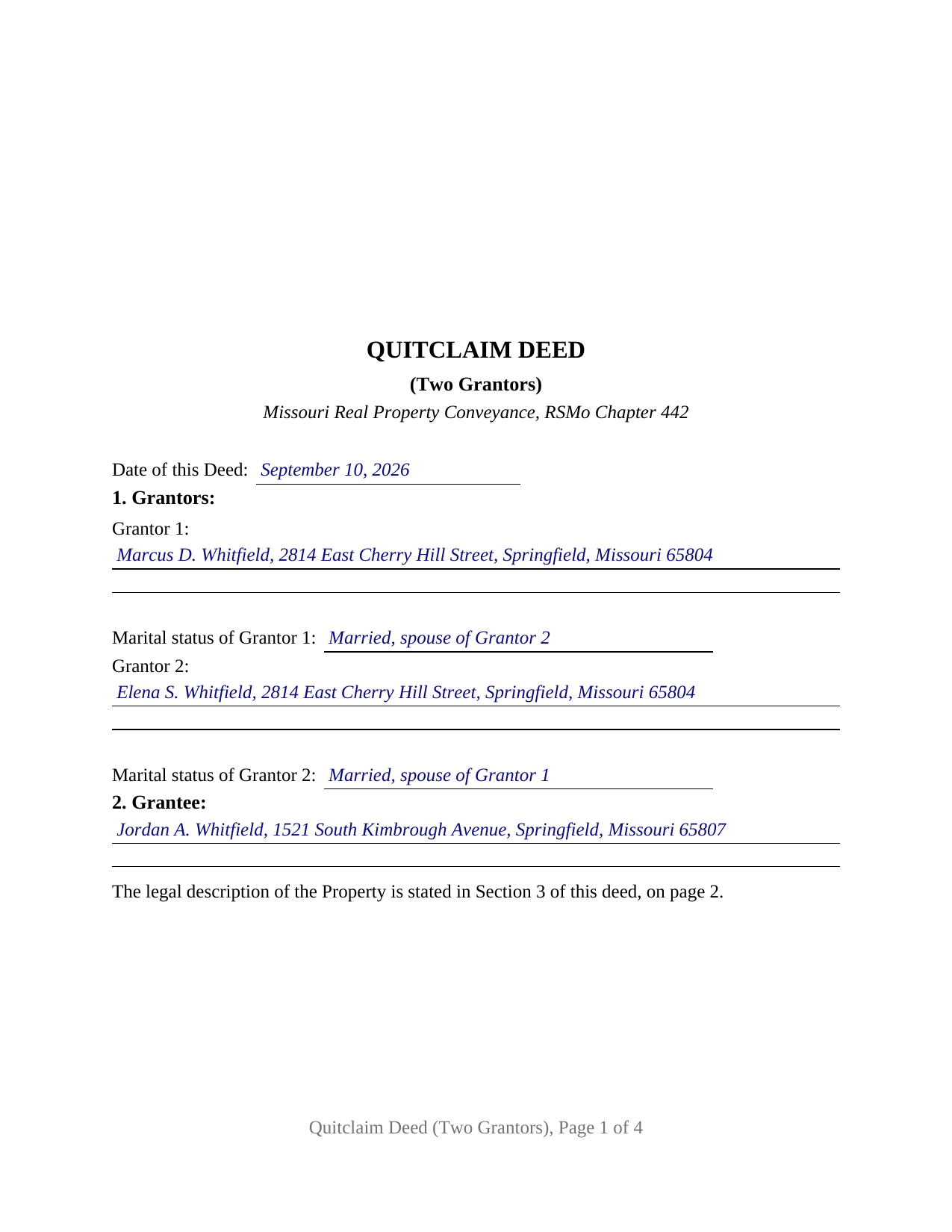 Washington County Completed Example of the Quitclaim Deed (Two Grantors) Document