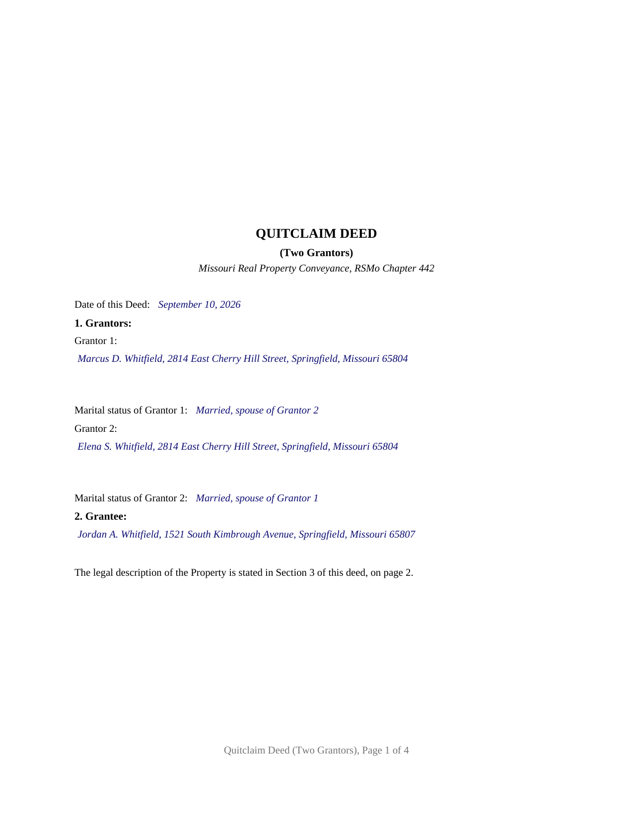 Butler County Completed Example of the Quitclaim Deed (Two Grantors) Document