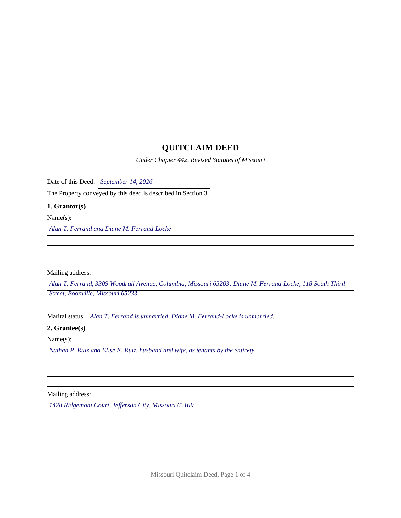 Laclede County Completed Example of the Quitclaim Deed Document