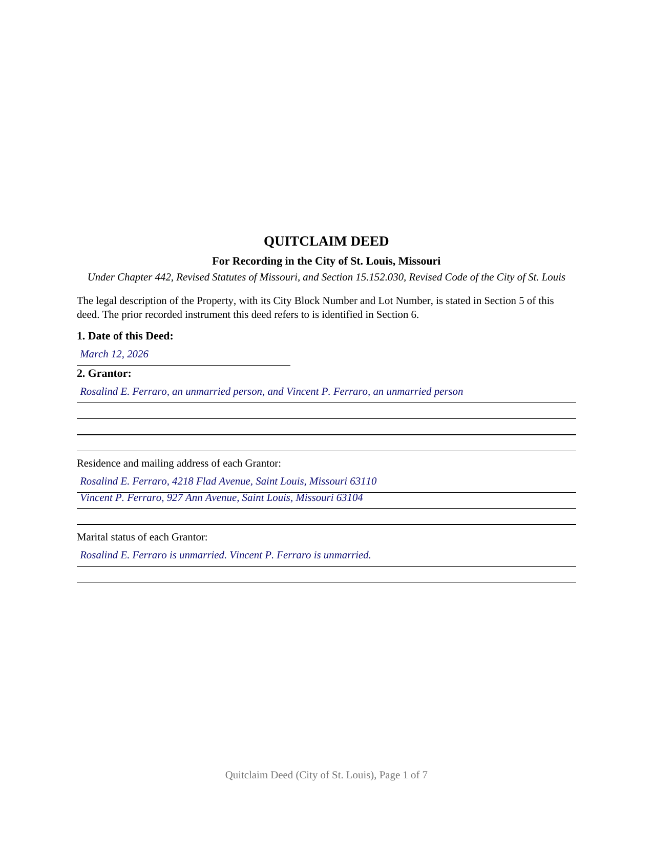 Saint Louis City Saint Louis City Completed Example of the Quitclaim Deed Document