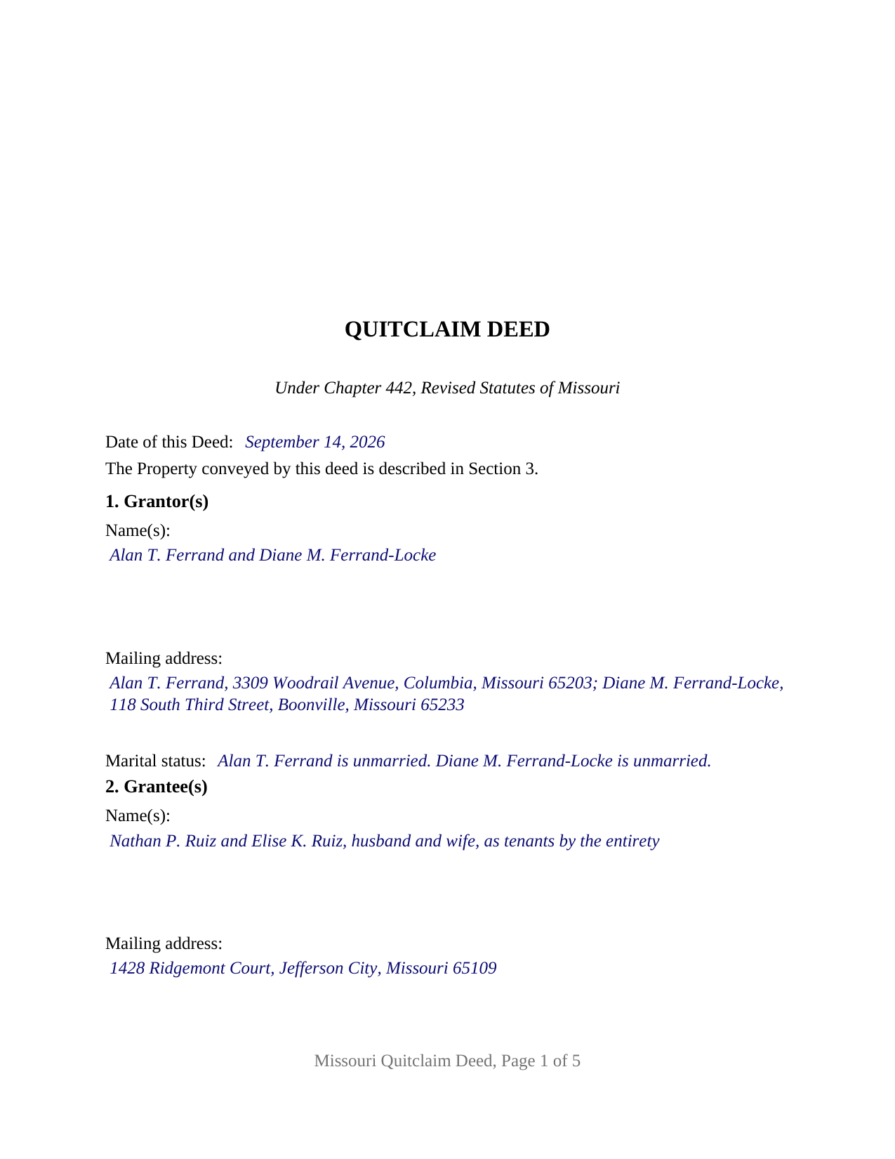 Phelps County Completed Example of the Quitclaim Deed Document