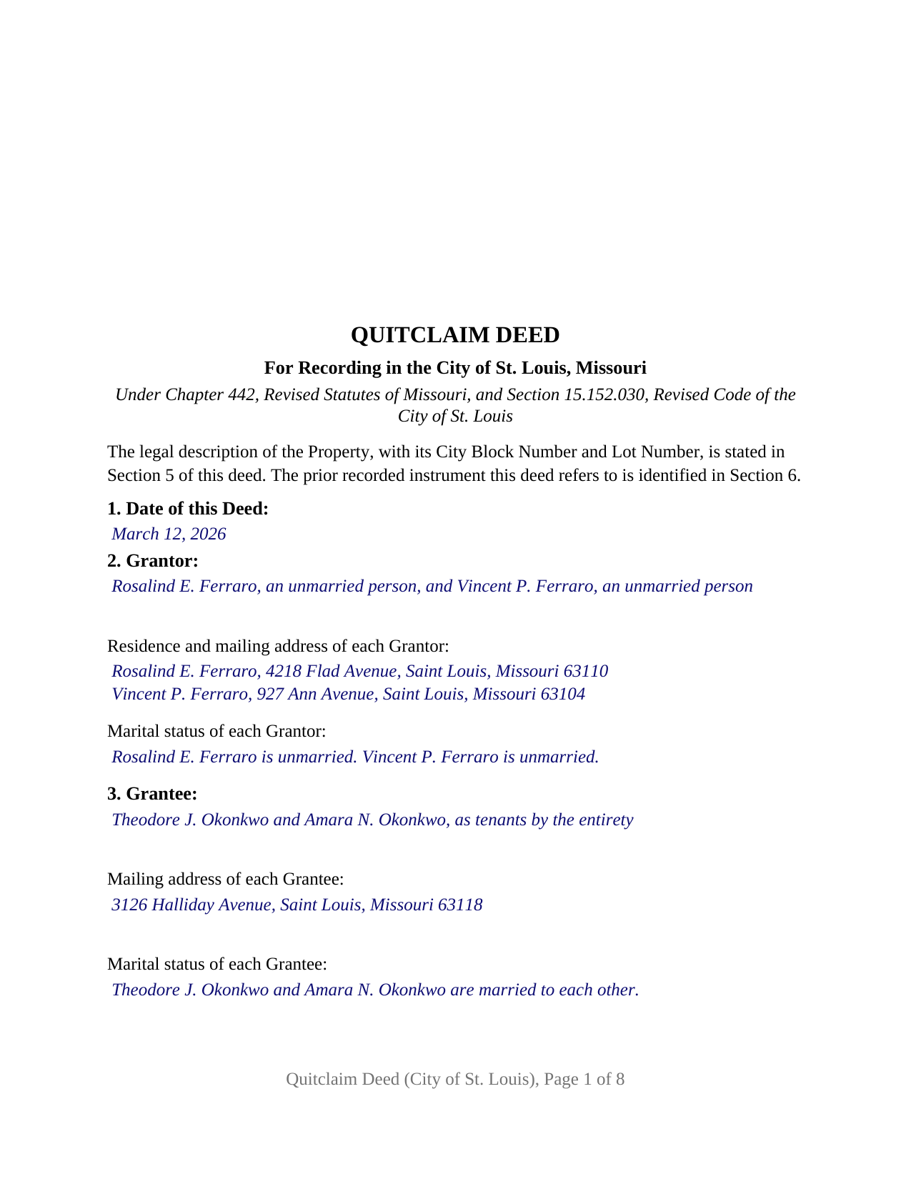 Saint Louis City Completed Example of the Quitclaim Deed Document