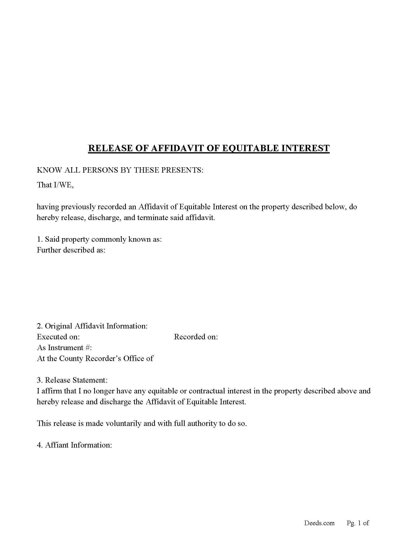 Warren County Release of Affidavit of Equitable Interest Form