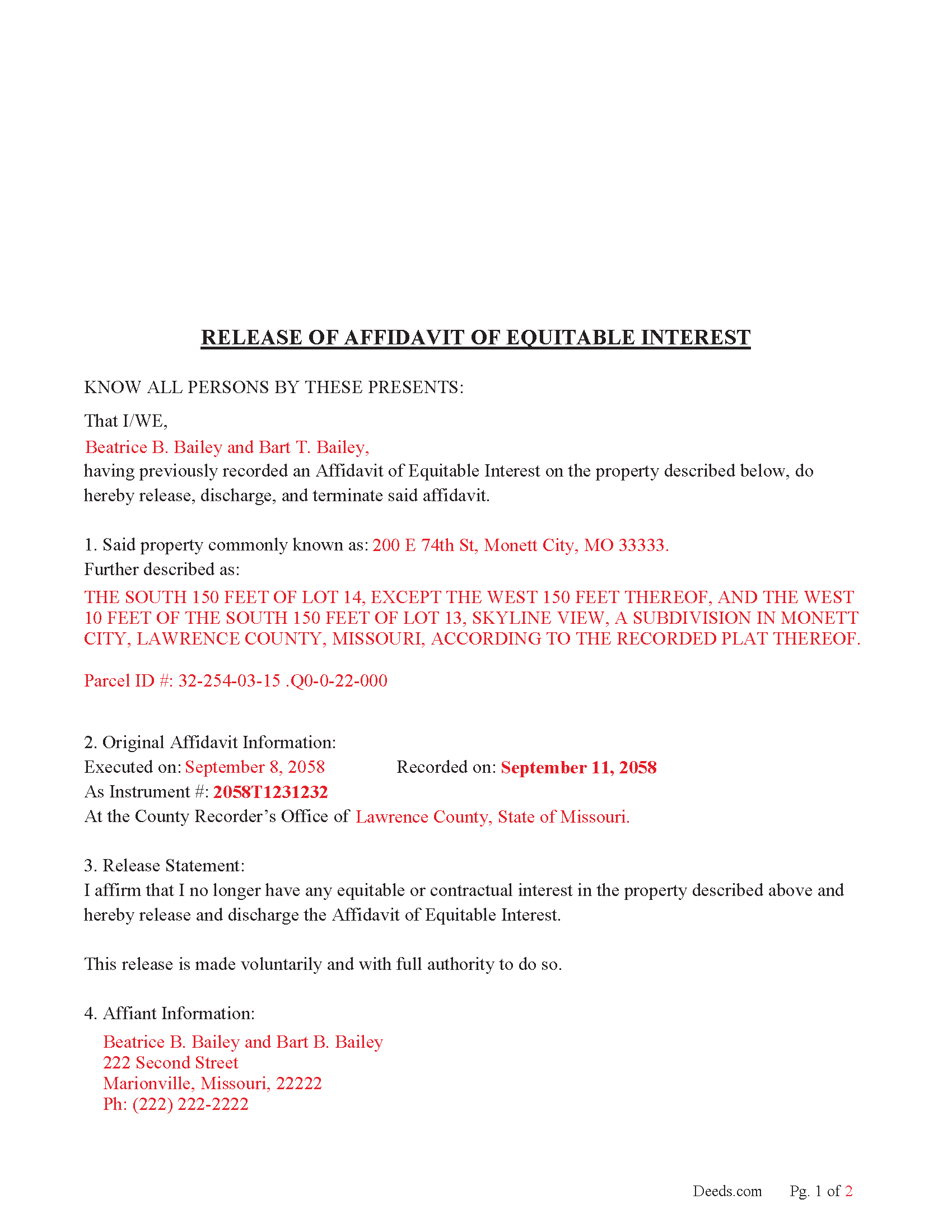 Warren County Completed Example of the Release of Affidavit of Equitable Interest Document