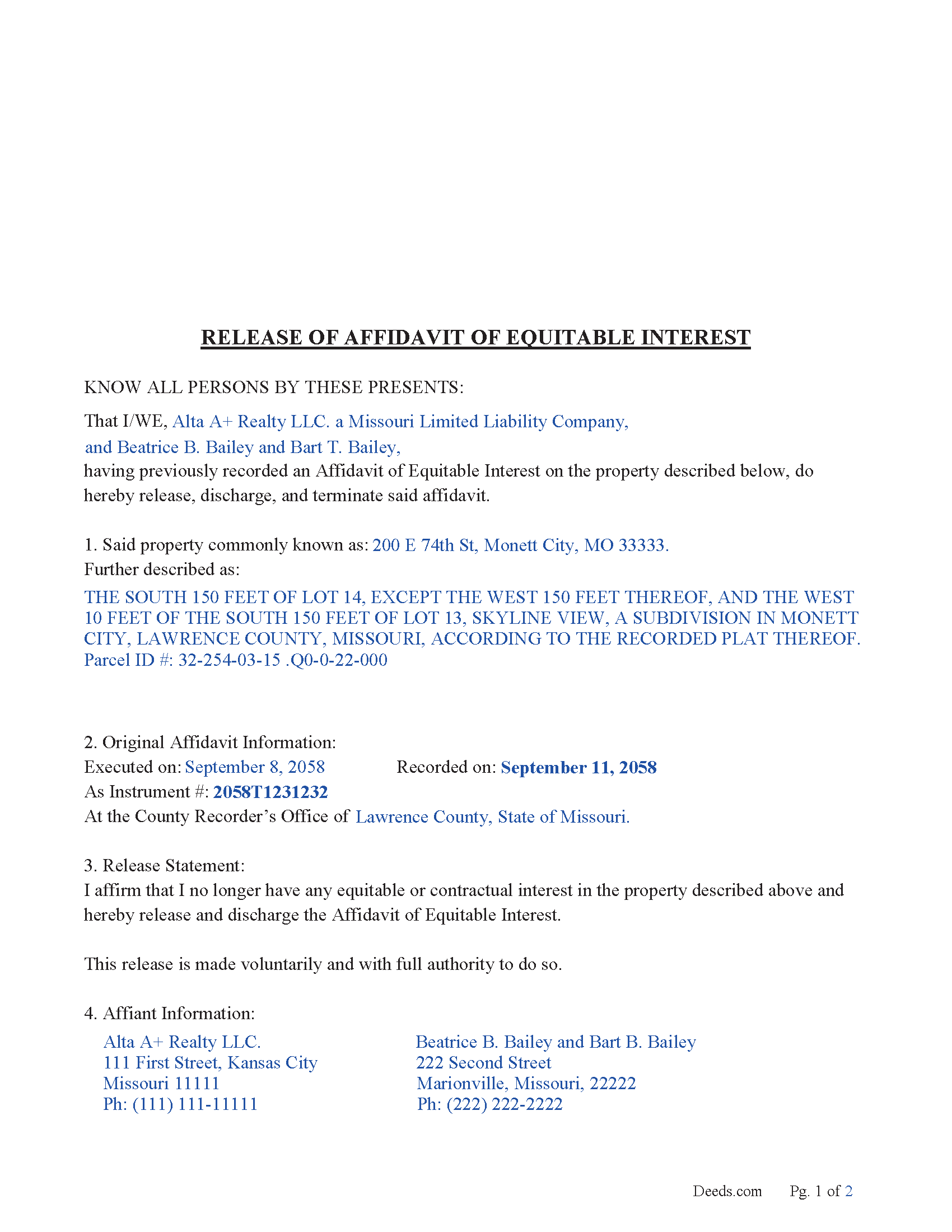 Warren County Completed Example of the Release of Affidavit of Equitable Interest Document
