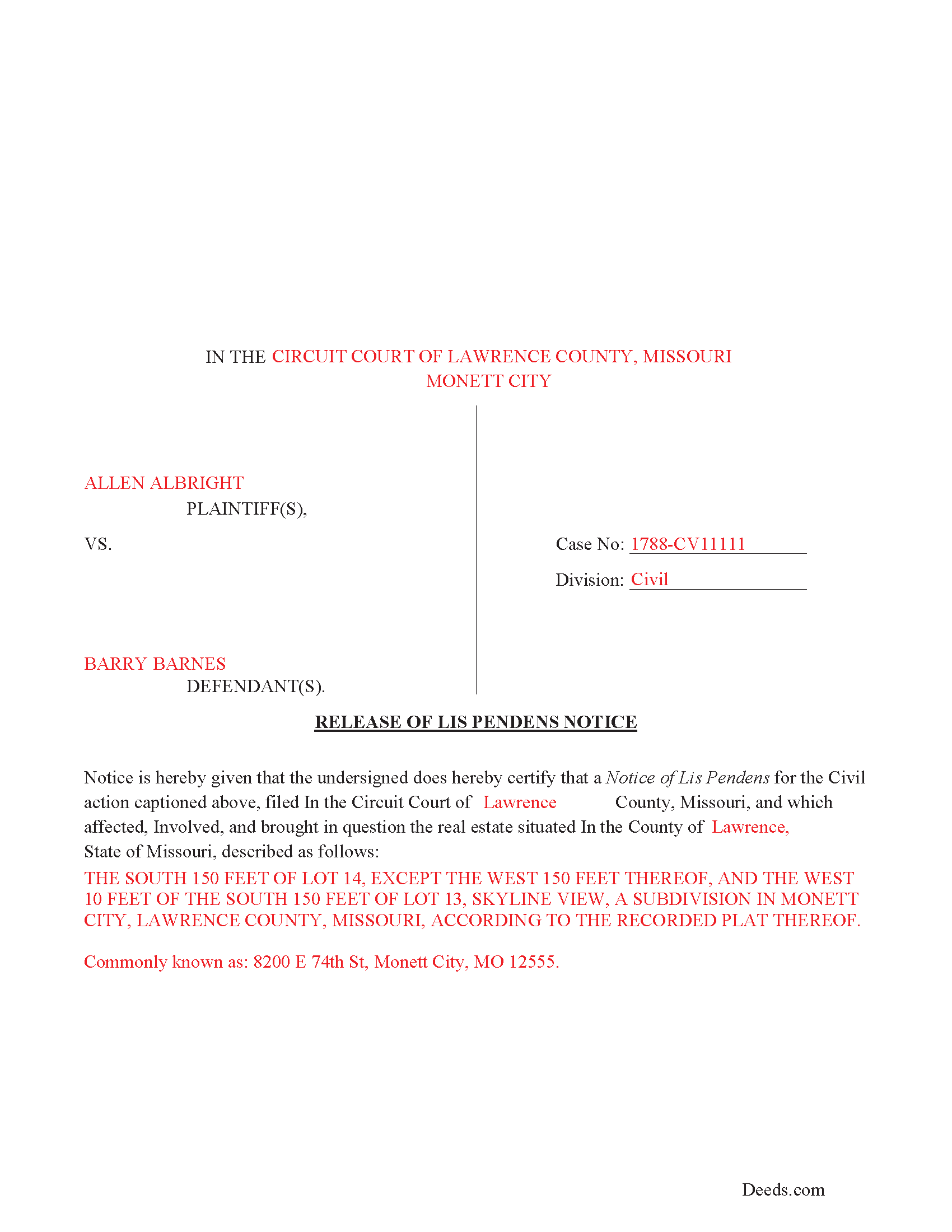 Lewis County Completed Example of the Release of Lis Pendens Document