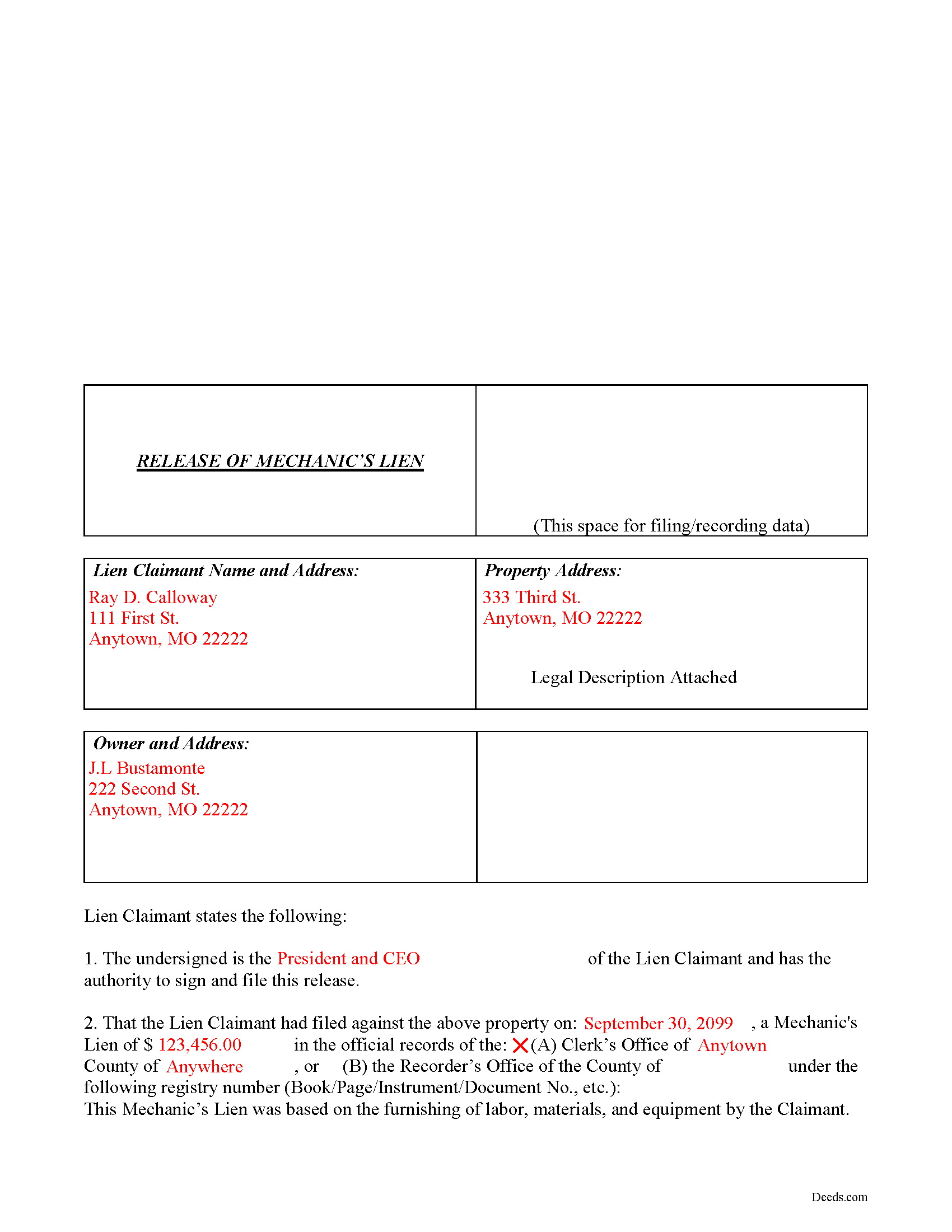Completed Example of the Lien Release Document