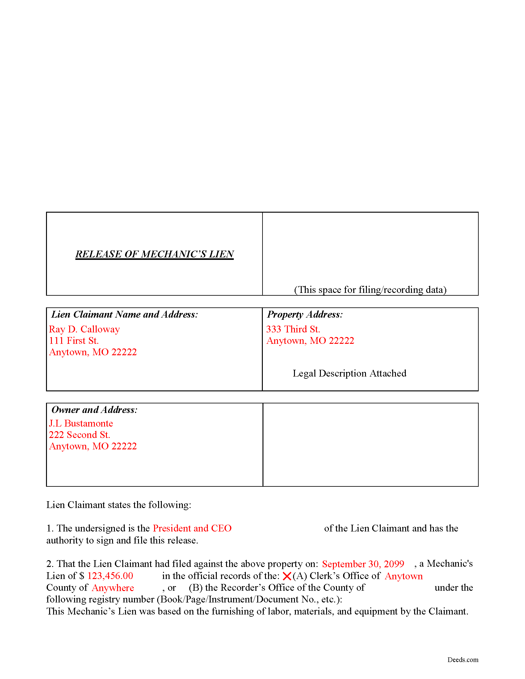 Cooper County Completed Example of the Lien Release Document