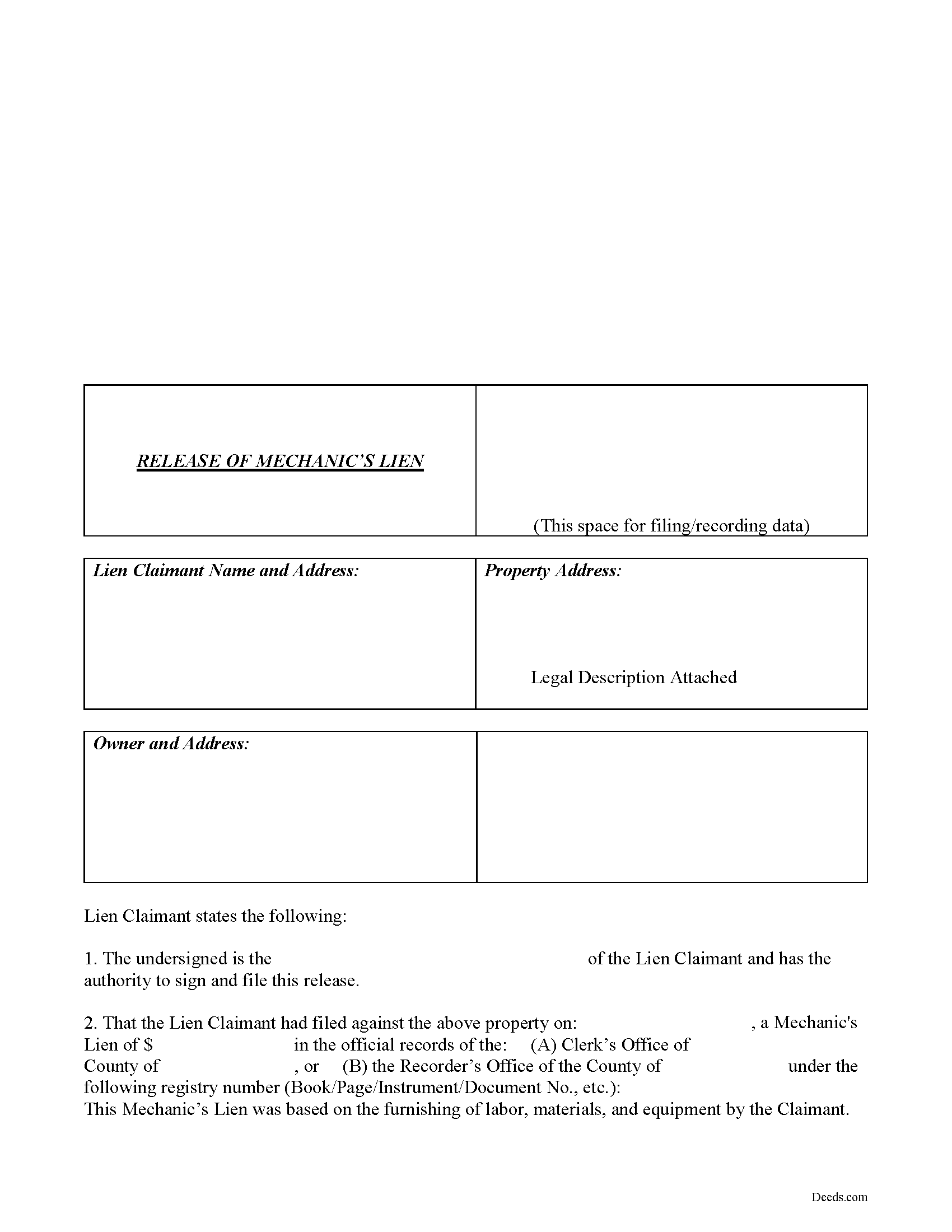 Cooper County Release of Mechanic's Lien Form