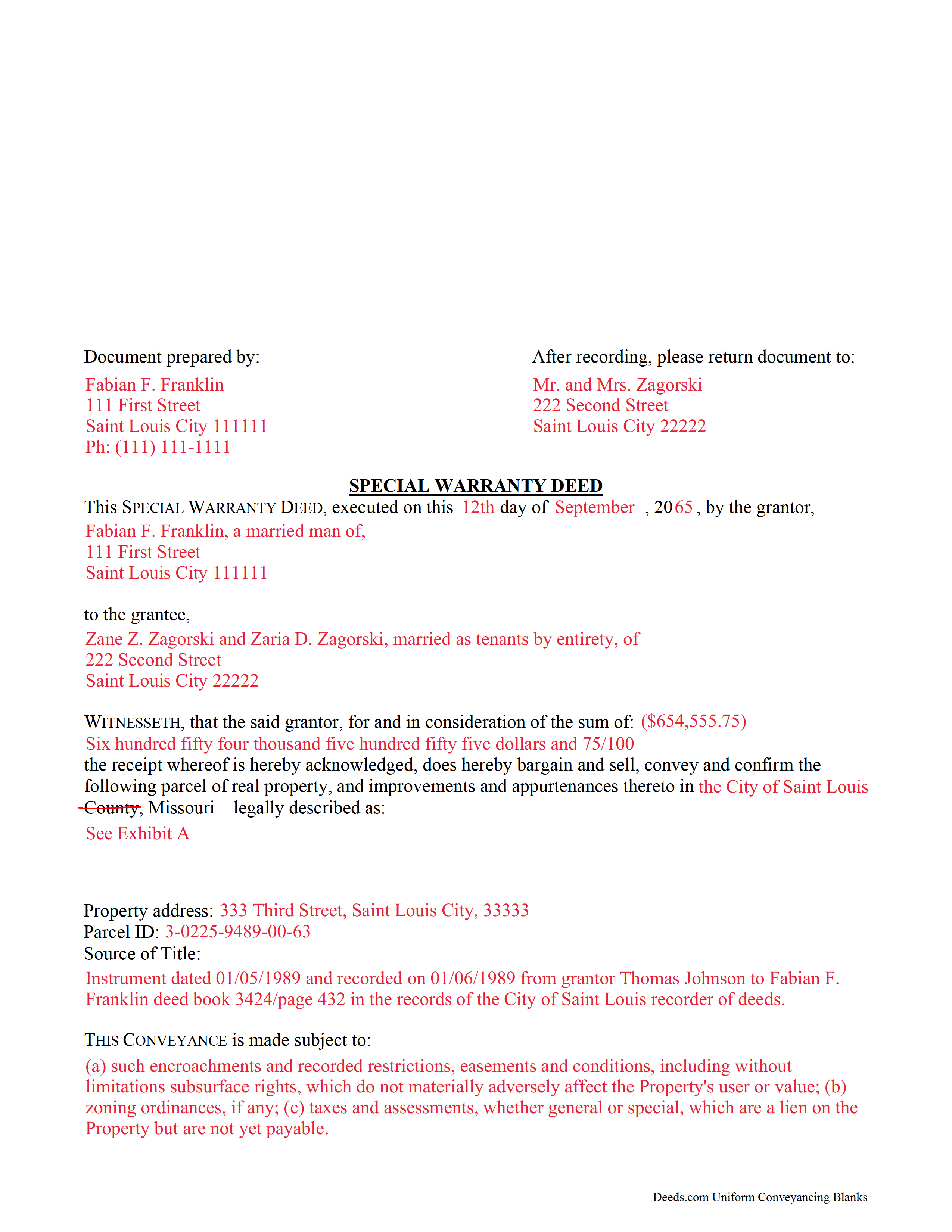 Lewis County Completed Example of the Special Warranty Deed Document