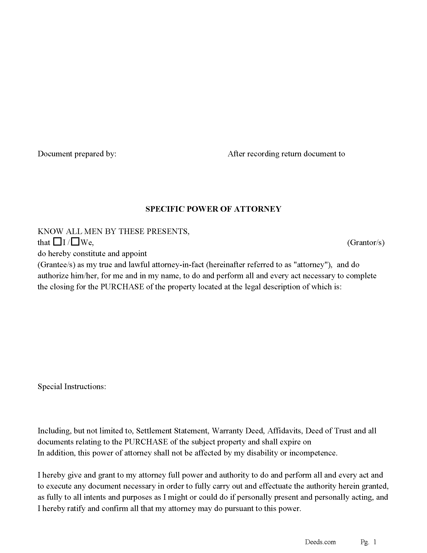 Warren County Specific Power of Attorney for the Purchase of Property Form