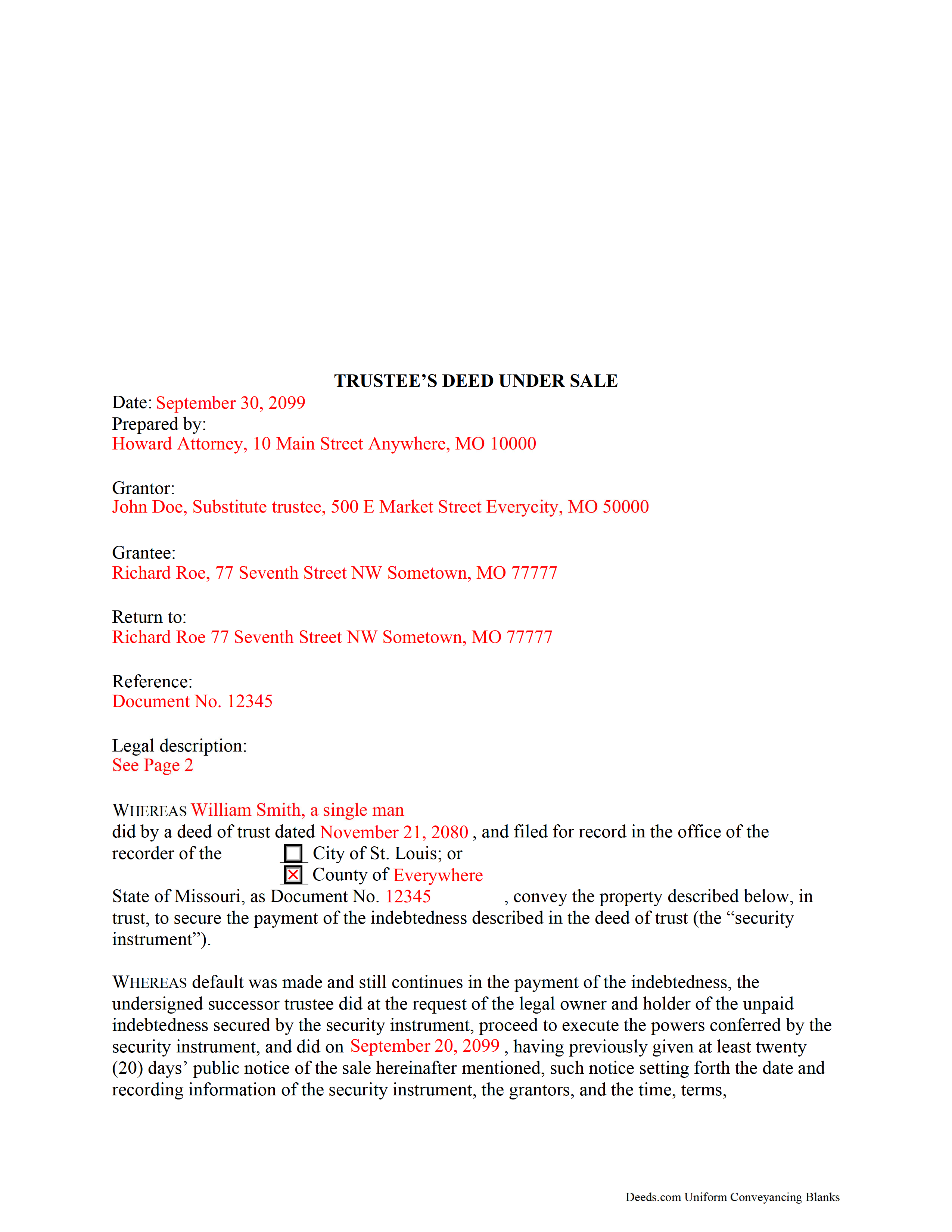 Completed Example of the Trustee Deed Document