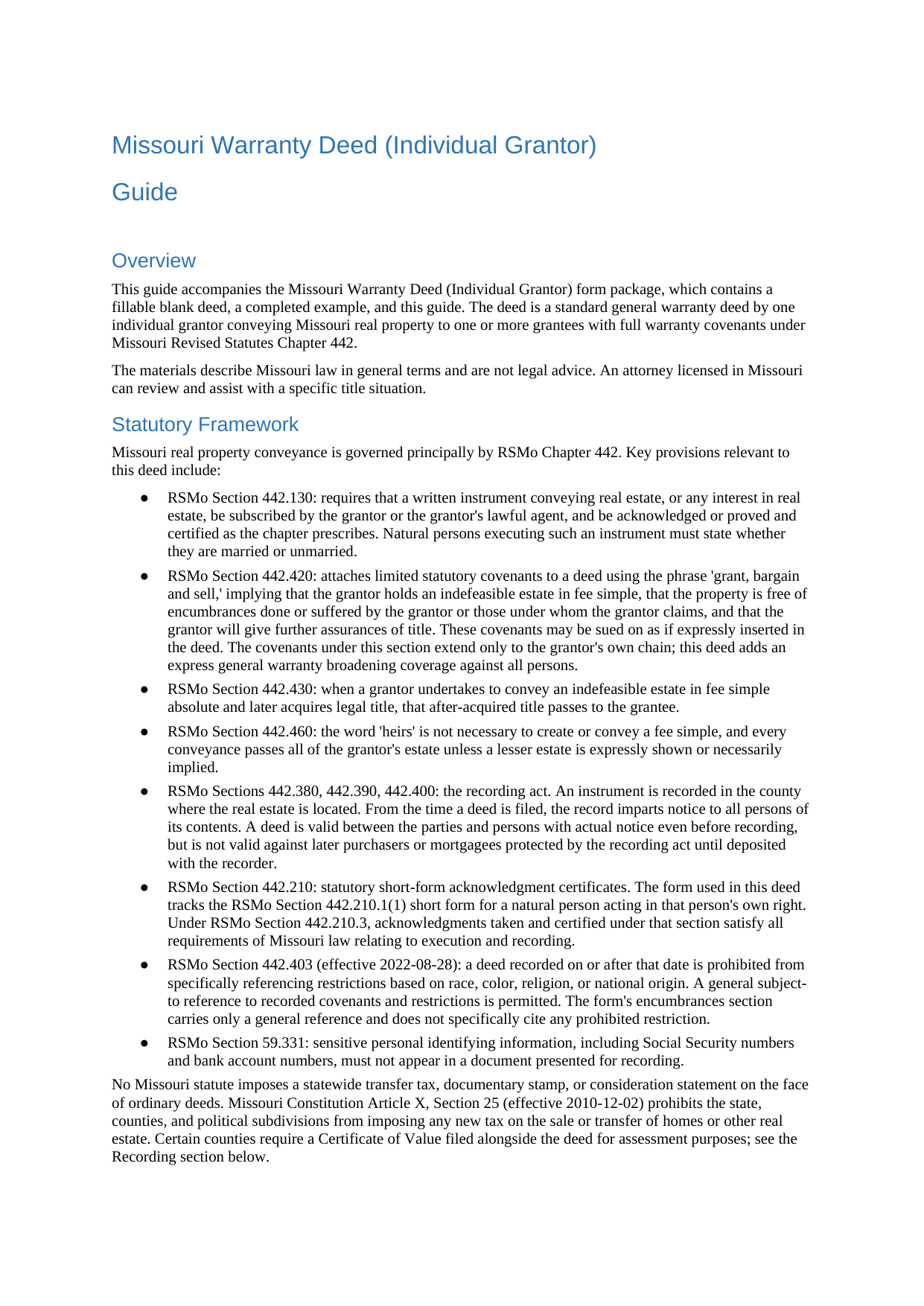 Howell County Warranty Deed (Individual Grantor) Guide