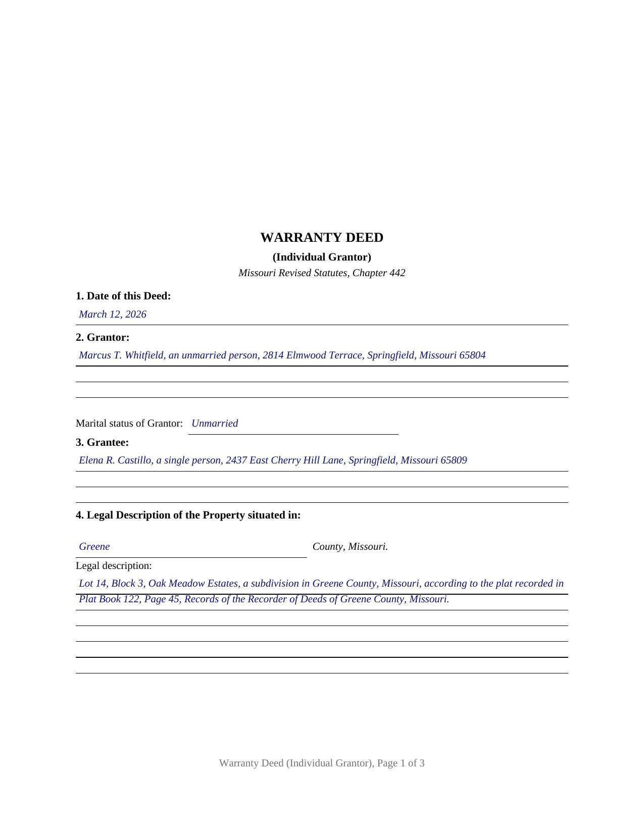 Howell County Completed Example of the Warranty Deed (Individual Grantor) Document