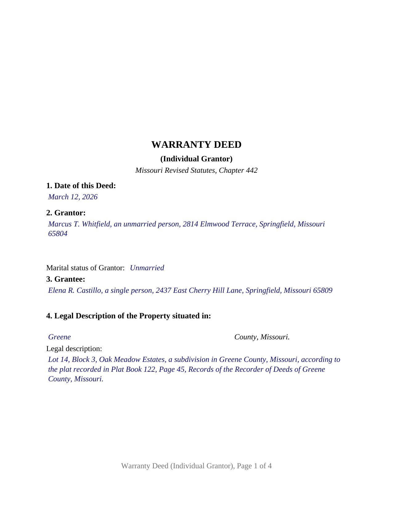 Howell County Completed Example of the Warranty Deed (Individual Grantor) Document