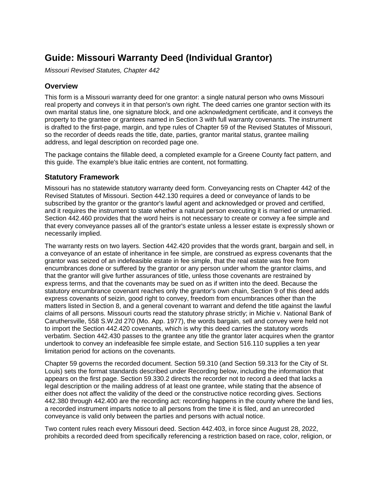 Howell County Warranty Deed (Individual Grantor) Guide