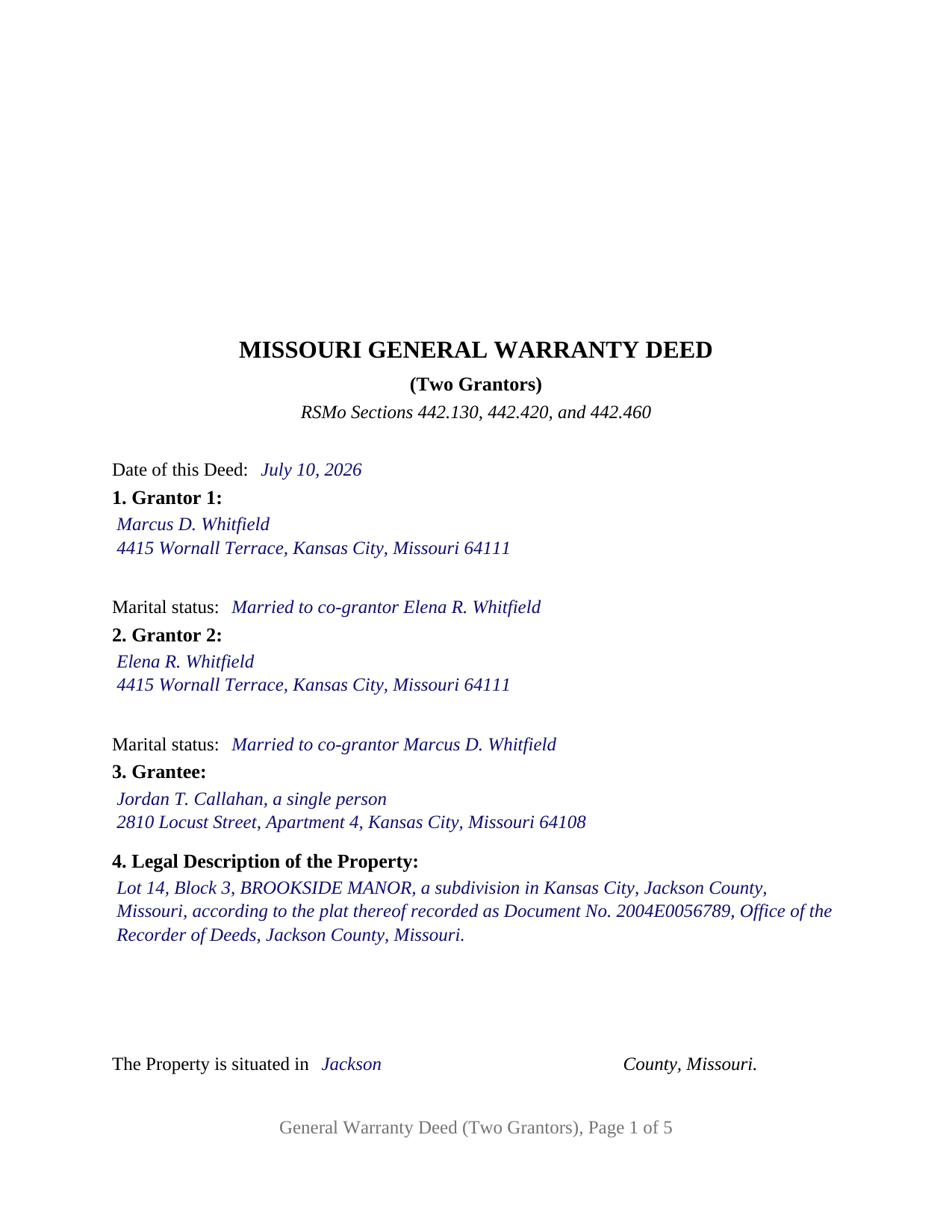 Lafayette County Completed Example of the Warranty Deed (Two Grantors) Document