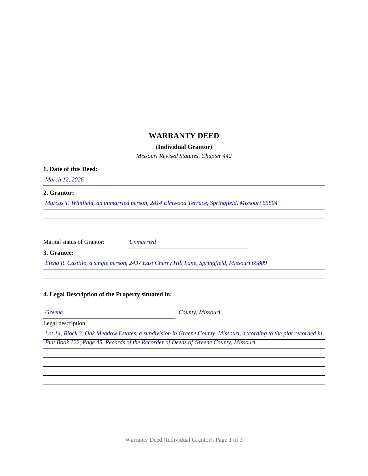 Livingston County Completed Example of the Warranty Deed Document