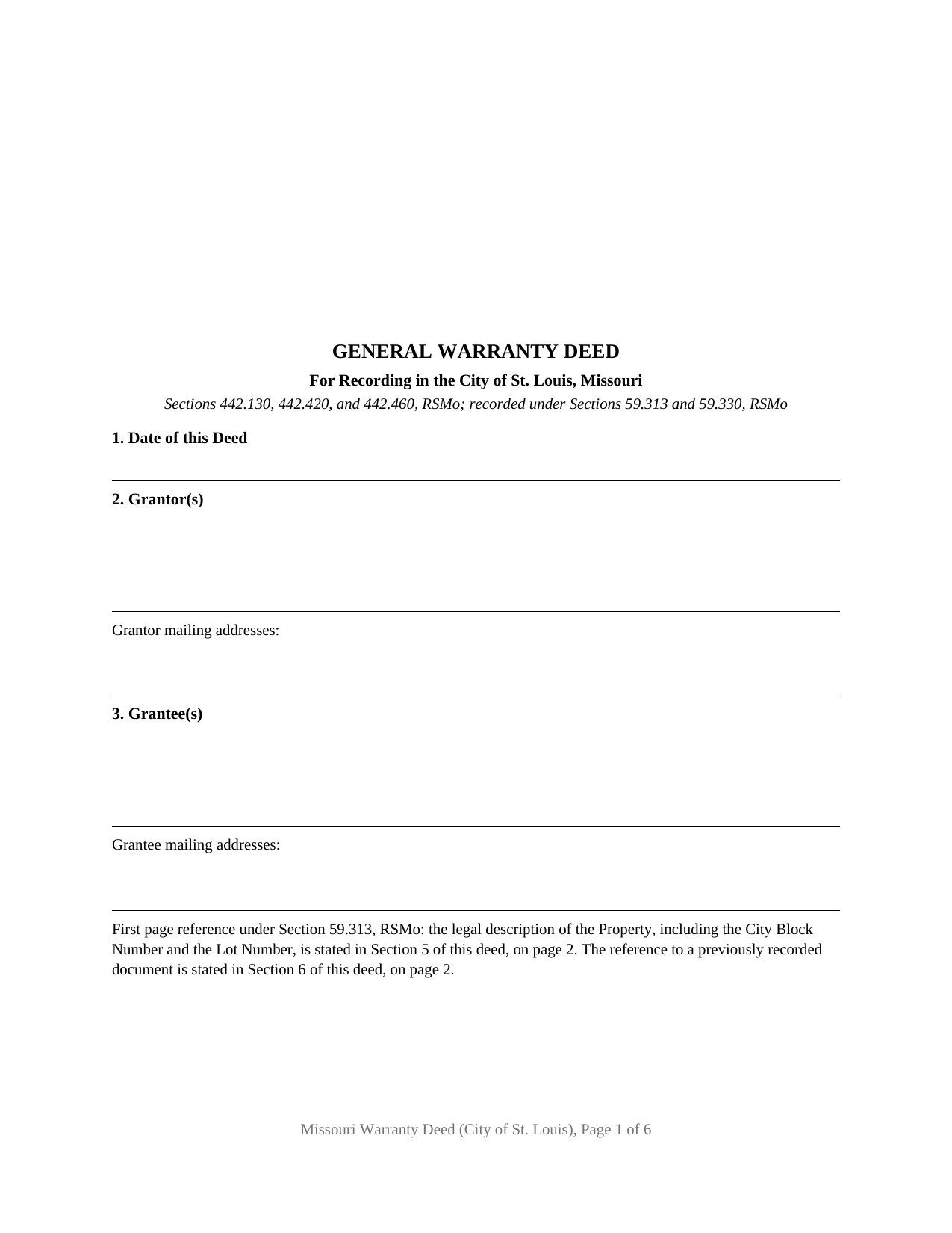 Saint Louis City Saint Louis City Warranty Deed Form